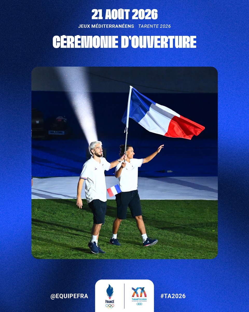 EquipeFRA's tweet photo. Les Jeux Méditerranéens de Tarente 2026 sont officiellement ouverts ! ✨

Retour sur cette belle cérémonie d’ouverture 🎞️

📸 CNOSF/KMSP

#ta2026 #AllezLesBleus https://t.co/ev0FZZOncw