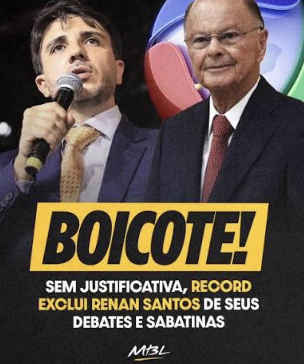 OFCBostil's tweet photo. Confesso que essa notícia me pegou de supresa: a Record excluiu o Renan Santos das sabatinas e do debate eleitoral. Nao duvido nada que a emissora só tomou essa decisão pro Flávio Bolsonaro poder participar. #ChamaORenan https://t.co/FWnNeEinjG