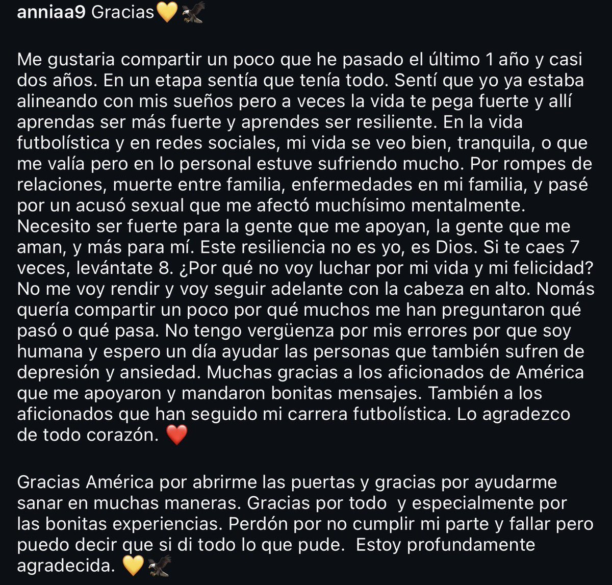 bruhdz8's tweet photo. El mensaje de Annia Mejía tras su salida del Club América. 🦅❤️‍🩹 https://t.co/Ilge0uw4wr