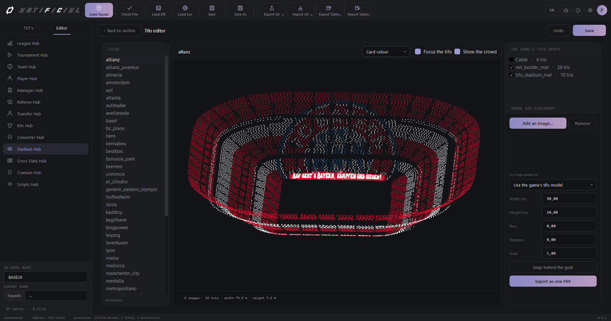 artificialtool's tweet photo. 📢 Artificial Dev Update!  

🎨 Tifo Editor is in the works! How about adding custom tifos to any stadium exactly the way you want?

🚧 It's still in the testing phase with no final result yet, but there is definitely light at the end of the tunnel! ✨

#FC27 #FC26 #EASportsFC https://t.co/pAcg1fAwnm