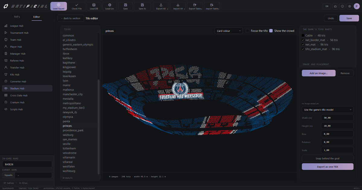 artificialtool's tweet photo. 📢 Artificial Dev Update!  

🎨 Tifo Editor is in the works! How about adding custom tifos to any stadium exactly the way you want?

🚧 It's still in the testing phase with no final result yet, but there is definitely light at the end of the tunnel! ✨

#FC27 #FC26 #EASportsFC https://t.co/pAcg1fAwnm