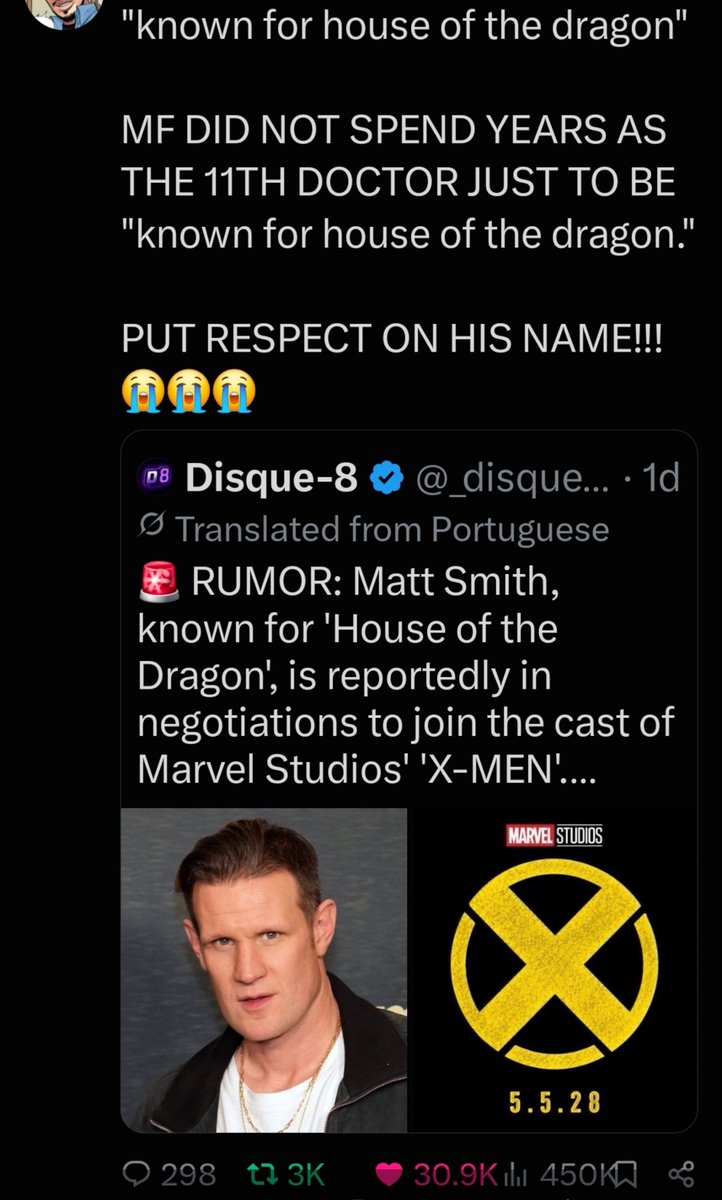 CUNTRAXES's tweet photo. "Matt Smith fans acting like he's more known for Doctor Who than HOTD"

he is 😂

"Doctor Who fans acting like he isn't famous for Daemon"

this is how I know y'all are all 14 bc that is The Doctor &amp; even Matt said nothing he ever does will be more popular or important than that https://t.co/R7ZfYpI1Xh