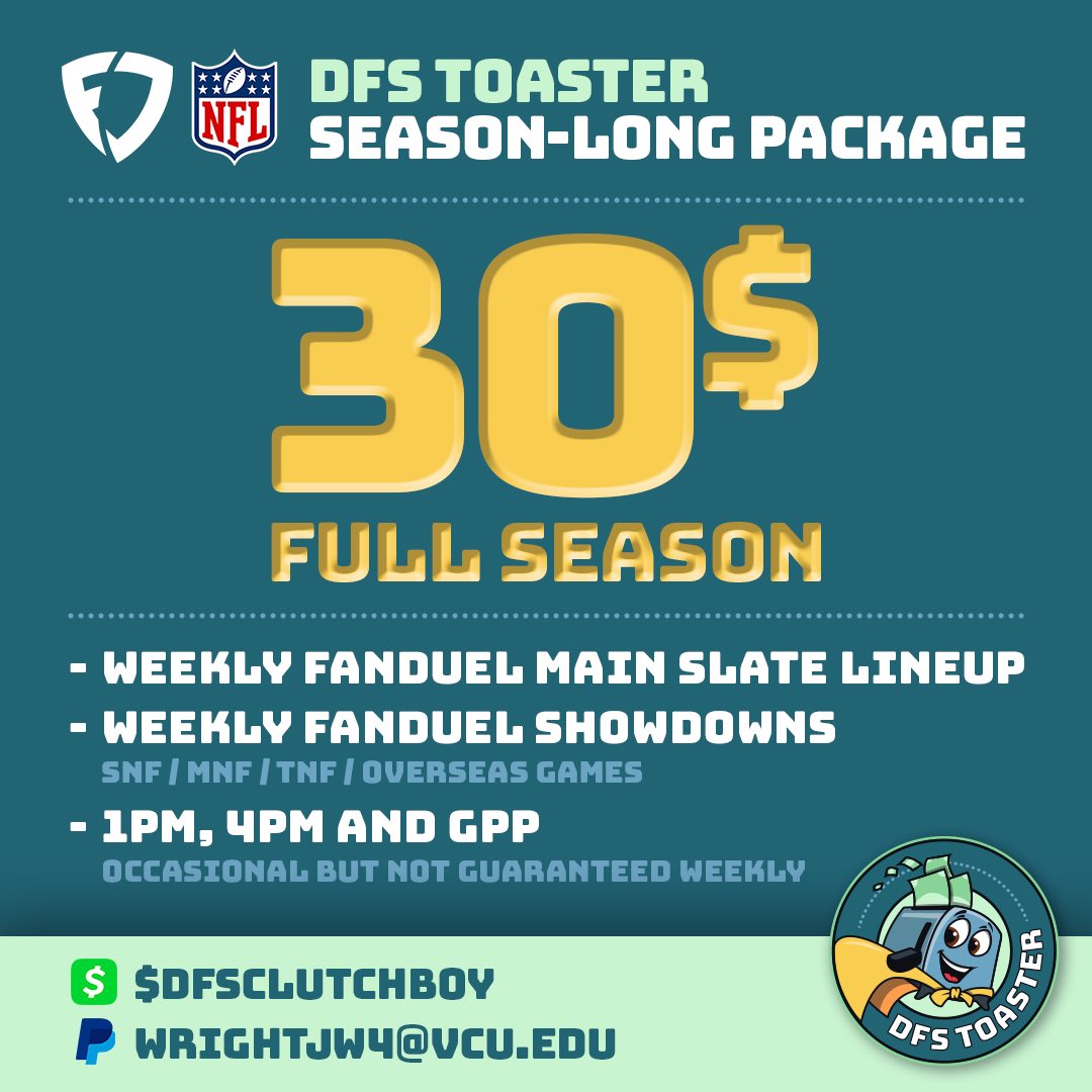 DFSToaster's tweet photo. 🏈🚨 WE’RE BACK 🚨🏈

We will be playing DFS on FanDuel this NFL season! Only $30 includes a main slate lineup each week as well as showdowns and occasional bonus slates. Lineups and updates sent through Twitter and discord

🔄 RT for a FREE package (chosen 9/4)

- DFSClutchBoy https://t.co/X39cPzlFnk