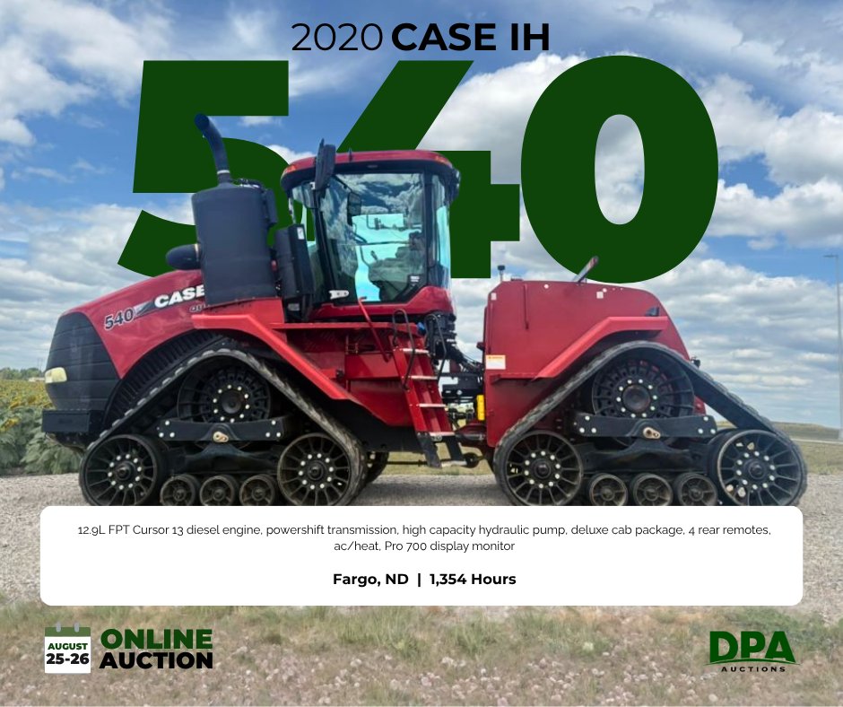 DPAauctions's tweet photo. 1,354 hours and four tracks — the 2020 Case IH 540 is a low-hour tractor that's ready to go to work without skipping a beat!

View Listing: https://t.co/SgnnBoOqBO

Bidding begins closing at 10AM CST on August 25-26!

--
#CaseIH #QuadTrac #FarmEquipment #OnlineAuction #BidNow https://t.co/MTbAxHsMvP
