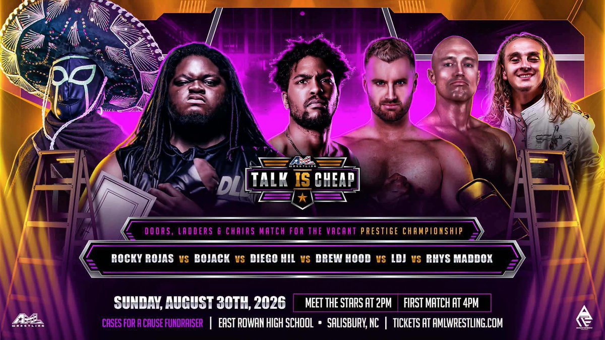 AMLWrestling's tweet photo. 🚨 See Rocky Rojas, Bojack, Diego Hill, Drew Hood, LDJ and Rhys Maddox compete in a DLC Match for the vacant Prestige Title! 

8/30
Salisbury, NC

Meet The Stars 2pm
First Match at 4pm 

🎟️ at https://t.co/EUDrOuMMqE https://t.co/MbbbkV5DTU