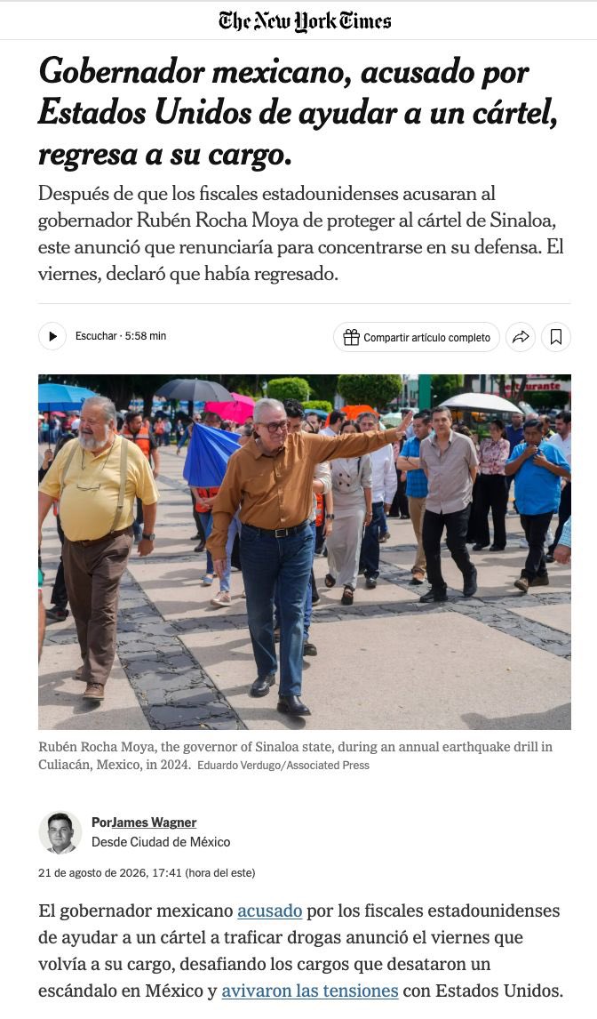 azucenau's tweet photo. 🚨Regreso de Rocha Moya llega a la prensa internacional

El regreso de Rubén Rocha al gobierno de Sinaloa ya genera eco fuera de México. Este viernes, The New York Times retomó la reincorporación del mandatario y los señalamientos que enfrenta en Estados Unidos por presuntos vínculos con un cártel.

El artículo, firmado por James Wagner, destaca que Rocha Moya volvió al cargo pese al escándalo que desató el caso y en medio de las tensiones entre México y Estados Unidos.
