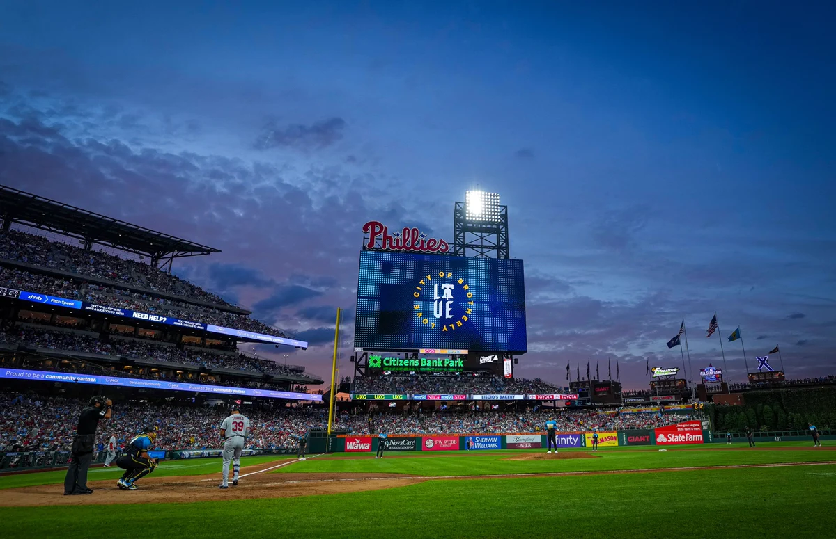 Wide shot of the crowd at Citizens Bank Park taken from the first baseline.