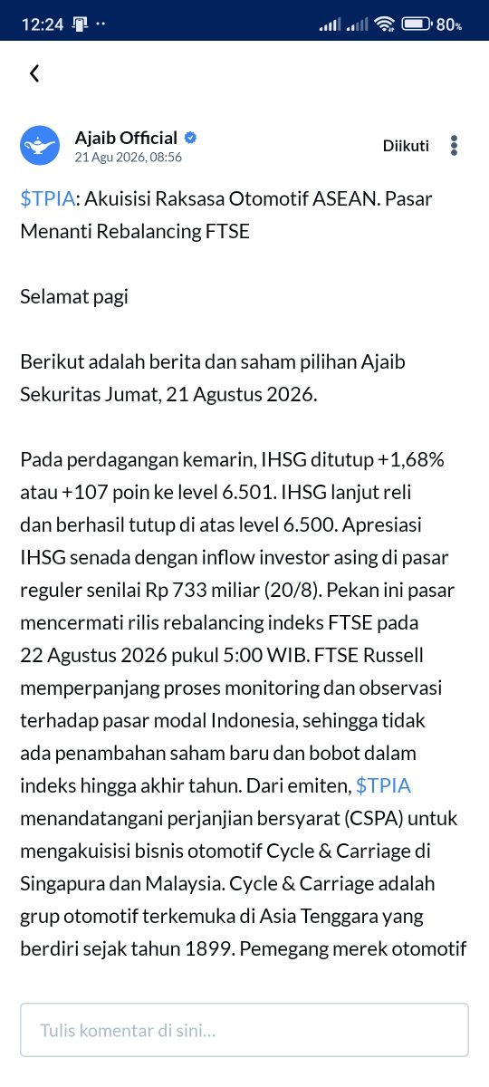 chay_ra2690's tweet photo. Grafik pergerakan $TPIA ada di harga 2.020, bersamaan info akuisisi grup otomotif Cycle &amp; Carriage di Asia Tenggara.#saham @ajaib_investasi https://t.co/t8Xnyaanu0