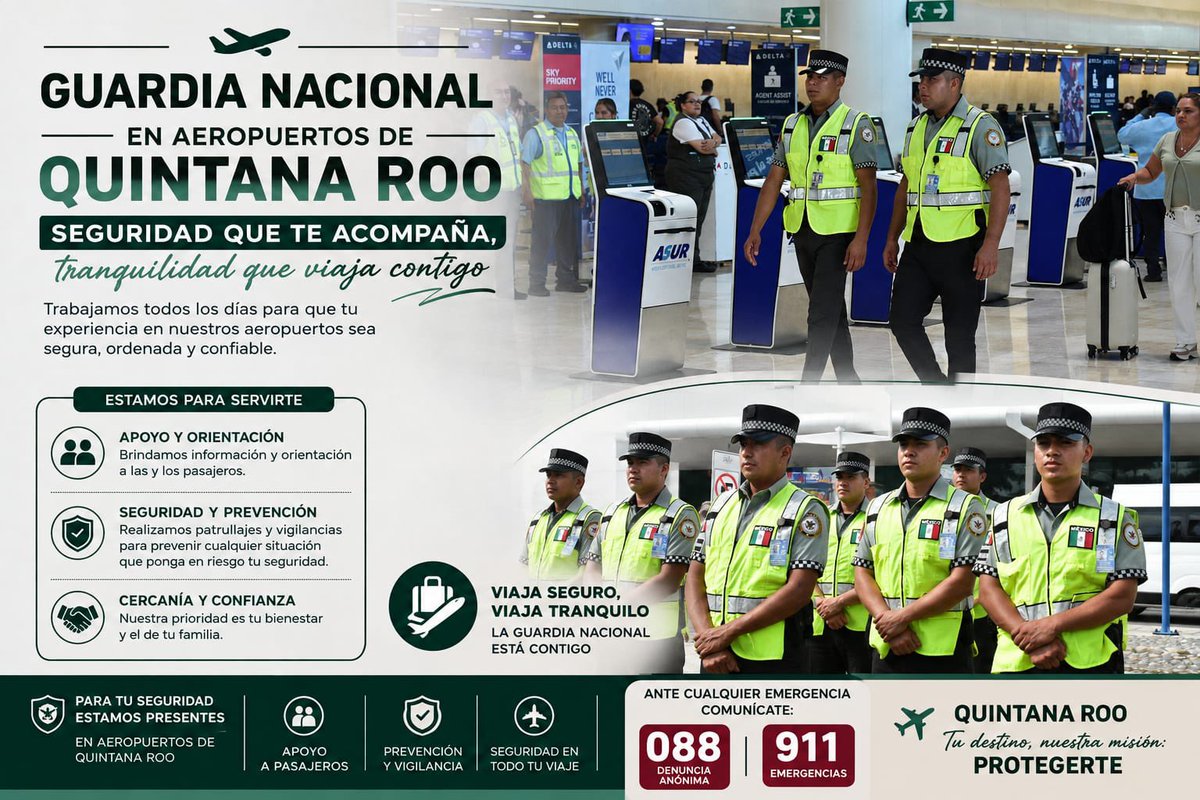 GNQRoo's tweet photo. En los aeropuertos de Quintana Roo, la presencia de los elementos de la Guardia Nacional forma parte de las acciones de vigilancia y prevención que buscan brindar mayor seguridad a pasajeros, turistas y visitantes.

A través de recorridos preventivos y vigilancia. https://t.co/LLs3e8EebT
