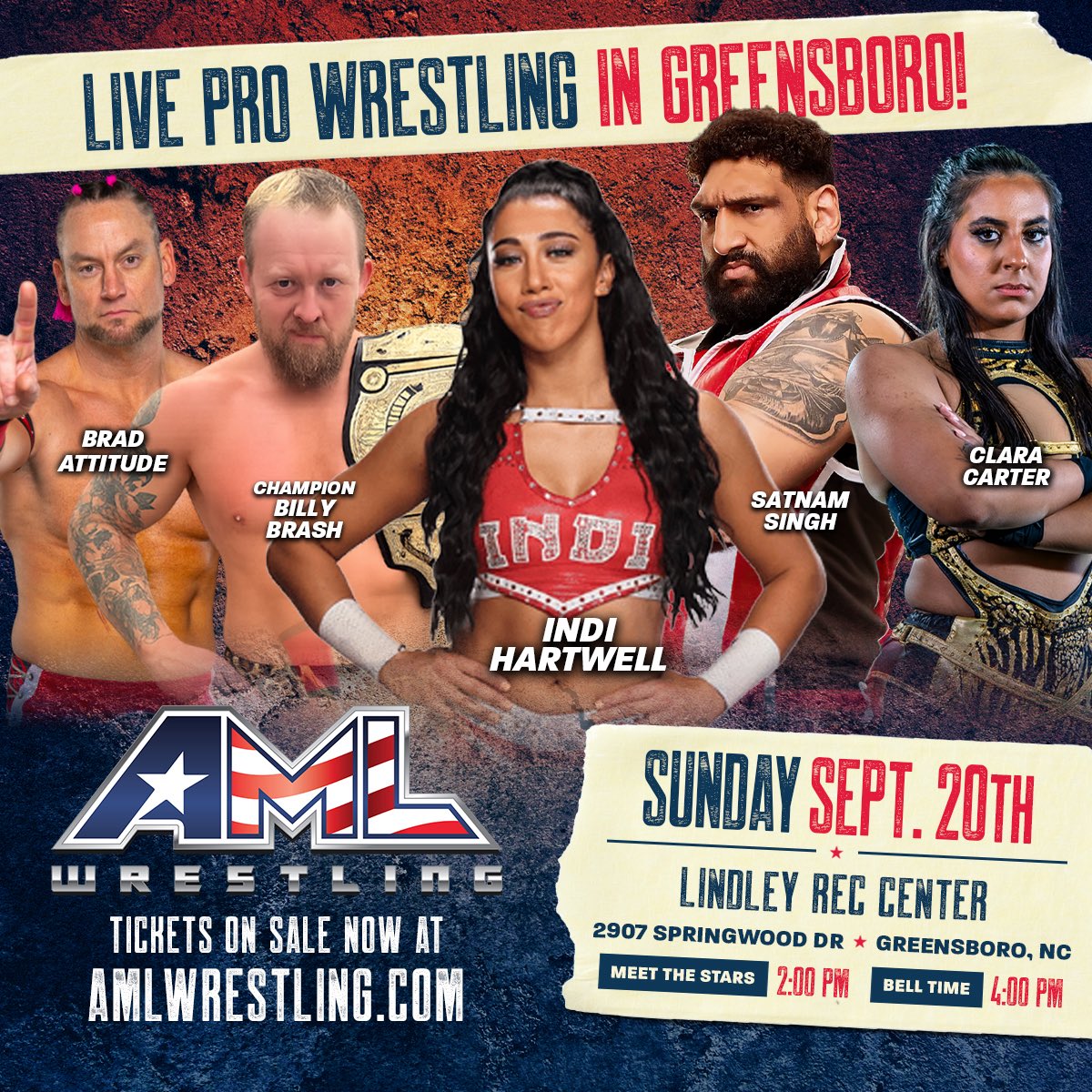 AMLWrestling's tweet photo. #AMLWrestling presents Eye For An Eye

9/20/26
#Greensboro, NC 

1st Match 4pm

Featuring The Stars of #AMLWrestling. Also scheduled to appear: Indi Hartwell &amp; Satnam Singh 

🎟️ on sale NOW at https://t.co/EUDrOuMMqE https://t.co/SNojwHaCzP