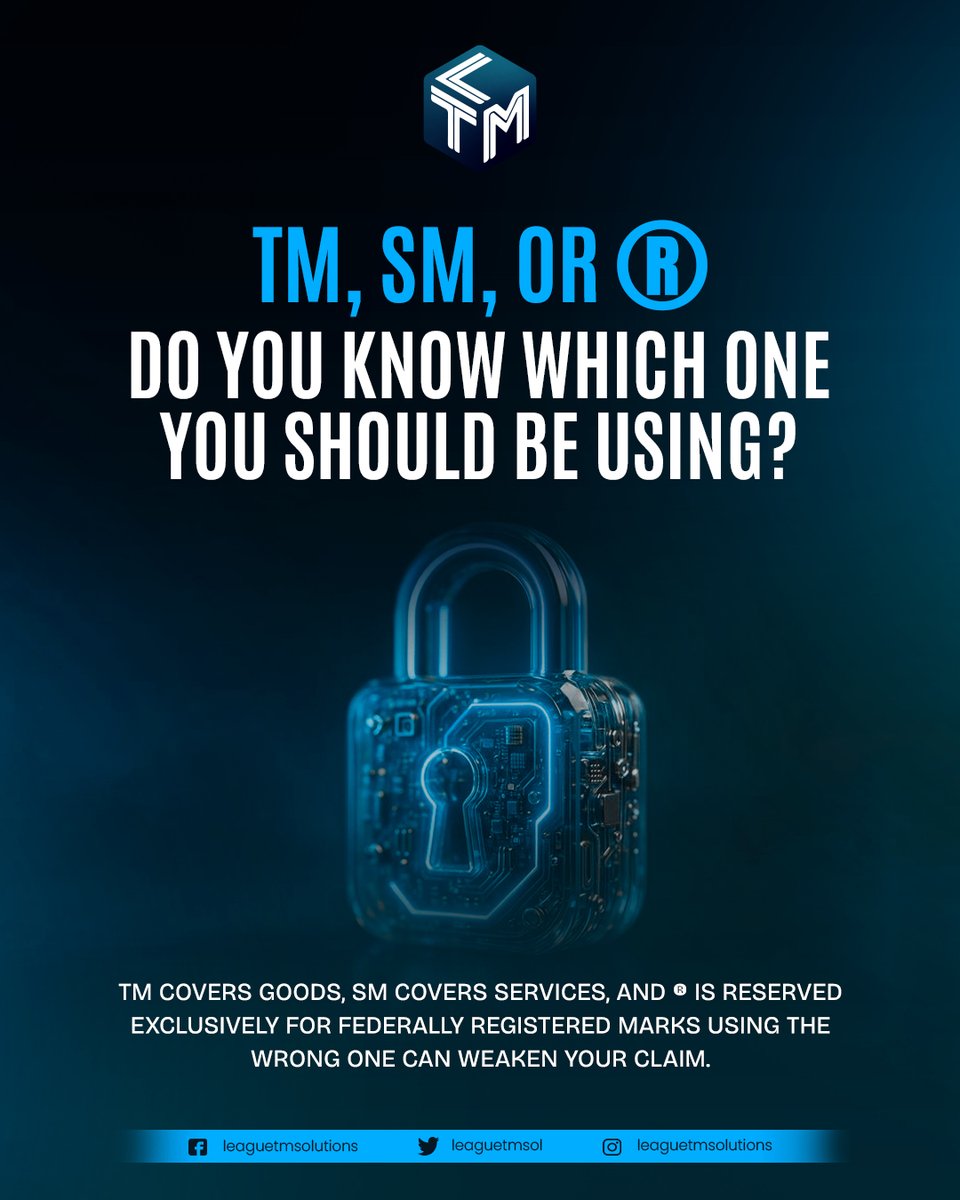 leaguetmsol's tweet photo. ™️ TM, SM, or ®? Know the difference. TM is generally for goods, SM for services, and ® is for federally registered trademarks. Using the right symbol matters. 🔐

#Trademark #BrandProtection #TrademarkTips #SmallBusiness https://t.co/WGtIb6noVK