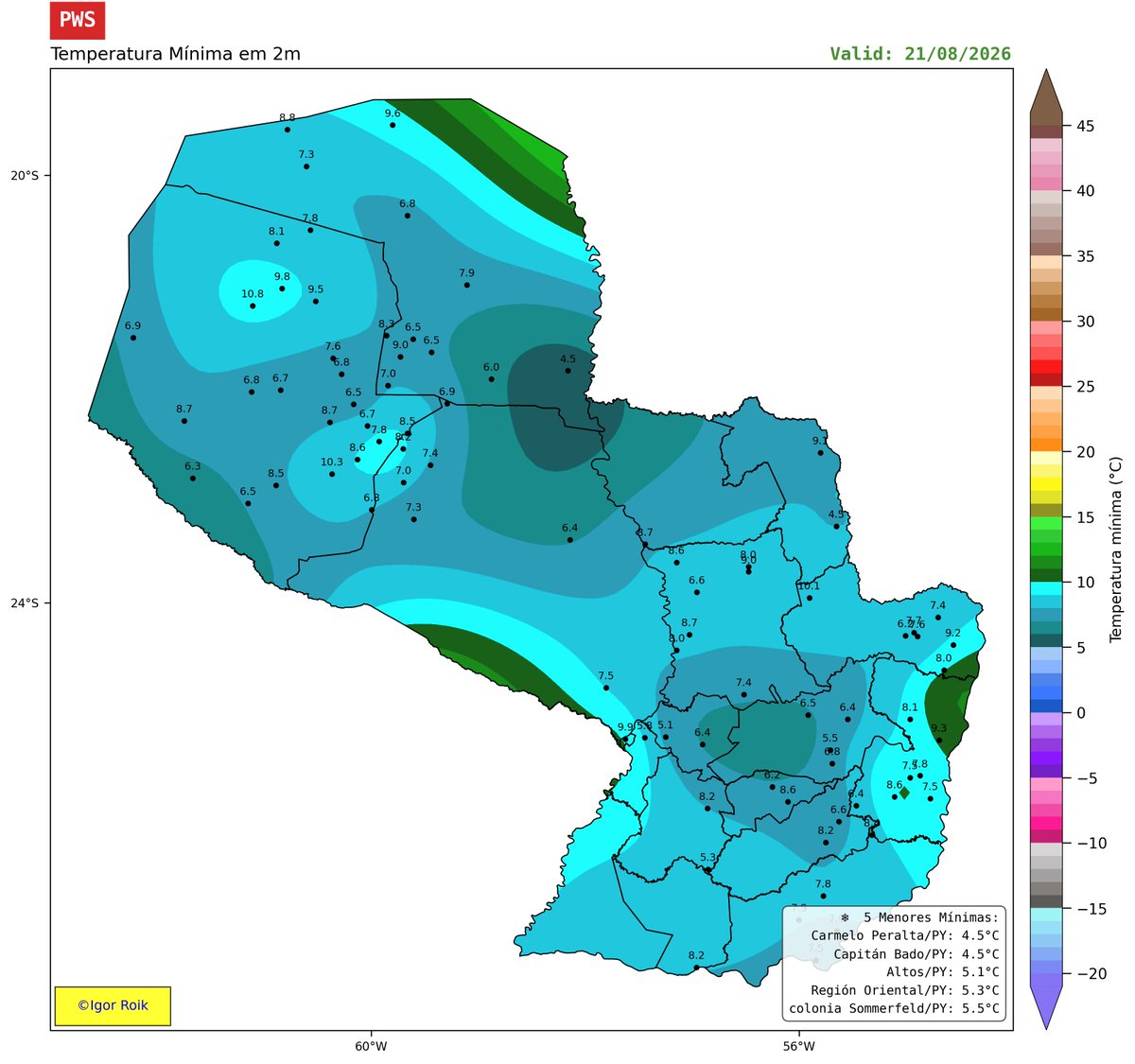 Igor__Roik's tweet photo. As temperaturas permaneceram abaixo da média hoje em grande parte da América do Sul, com destaque no Paraguai.
As mínimas hoje no país atingiram os 4.5°C em Carmelo Peralta e Capitán Bado, 5.1°C em Altos, 5.3°C em Región Oriental e 5.5°C em Colonia Sommerfeld. https://t.co/iwD8F9e1Ra