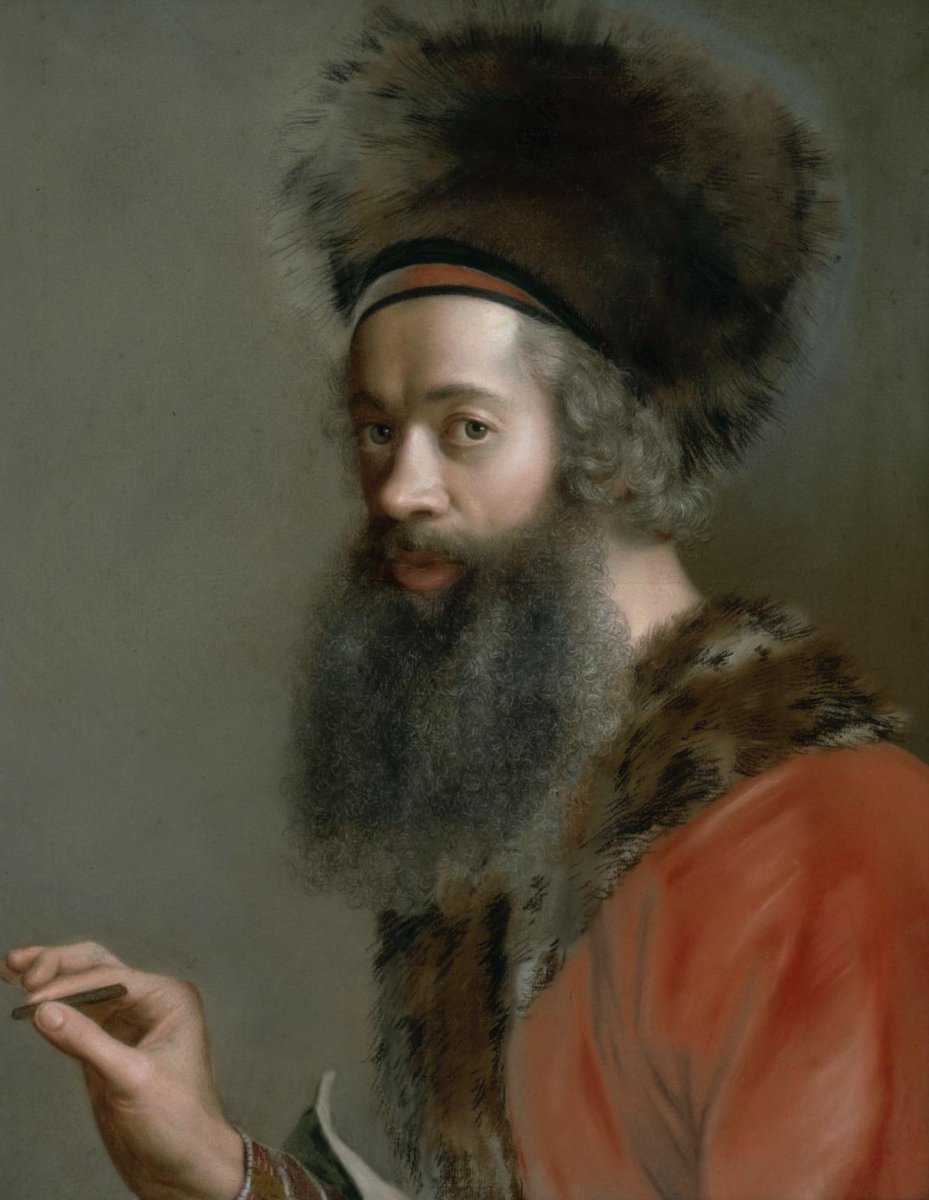 Valent6228's tweet photo. Self-portrait in traditional Turkish dress (c.1746) - Jean-Étienne Liotard (1702-1789) #pastel #rococo #self_portrait https://t.co/ZQz51dzRFg