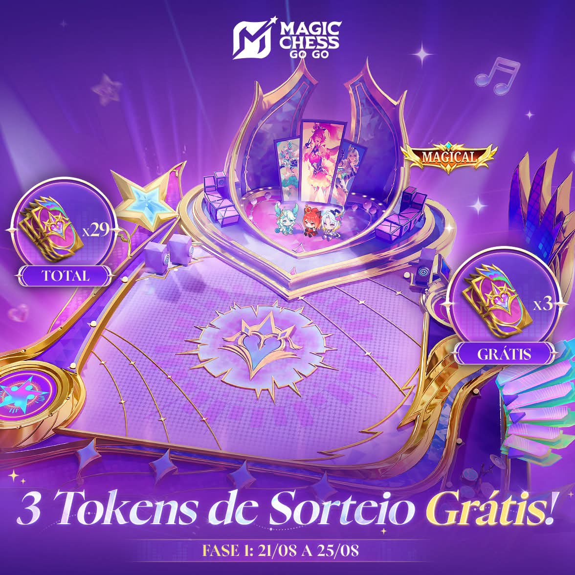mcggbr's tweet photo. A Fase 1 do Evento de Token de Sorteio do Tabuleiro Mágico "Palco Estelar" já está disponível! Entre no jogo de 21/08 a 25/08 para obter 3 Tokens de Sorteio gr��tis e ganhar até 29 Tokens de Sorteio no total!
A Fase 2 do evento ocorre de 04/09 a 08/09. 
#MagicChessGoGo
#MCGG https://t.co/lR1FD0J79E