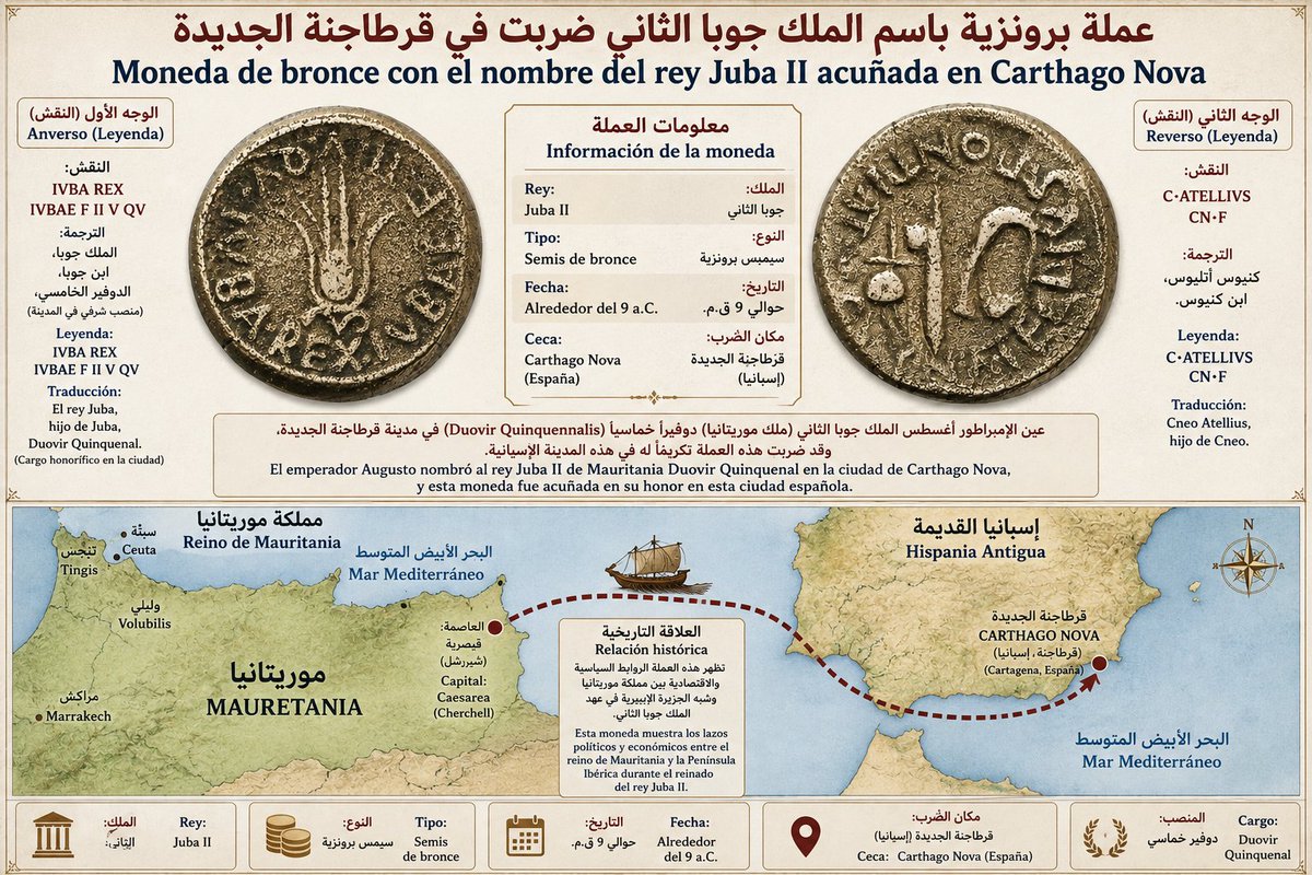 Marok1un's tweet photo. Juba II, rey de Mauritania, gobernaba Carthago Nova… al menos eso parece según la moneda. 
Un rey de Mauritania nombrado Duovir Quinquen­nalis en Carthago Nova y con su nombre acuñado en una moneda de la ciudad.
Pero tranquilos: la historia oficial siempre encontrará una explicación para decir que “no tenía nada que ver con Hispania”. 😂