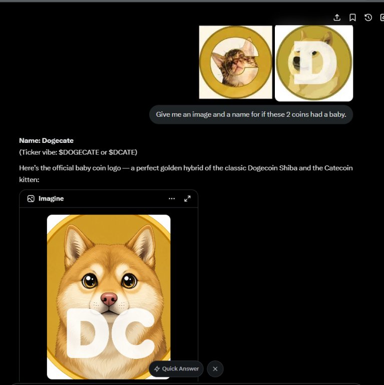 Trencherbill77's tweet photo. Since doge is MASSIVE and cate is at ATH
I asked grok what the coin would be if they had a baby?

It gave me DOGECATE and a cute baby photo https://t.co/8cXspIGn2I