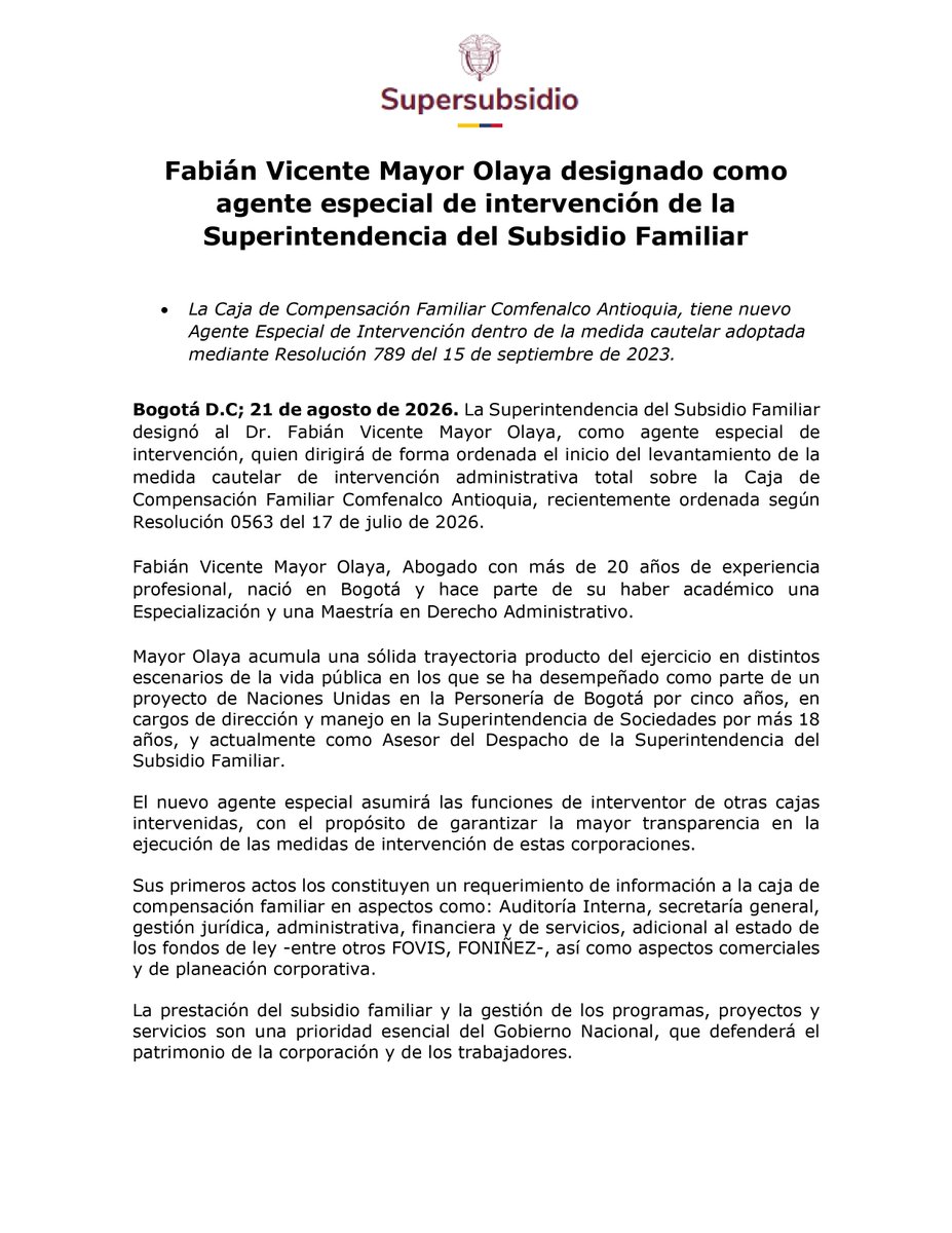 Supersubsidio's tweet photo. 📢 La Supersubsidio designó al Dr. Fabián Vicente Mayor Olaya como agente especial de intervención de Comfenalco Antioquia, quien liderará el levantamiento ordenado de la medida cautelar (Res. 0563/2026). 

Fabián Mayor es abogado con más de 20 años de experiencia, comprometido con la transparencia y el patrimonio de los trabajadores. 🇨🇴

#Supersubsidio #SubsidioFamiliar