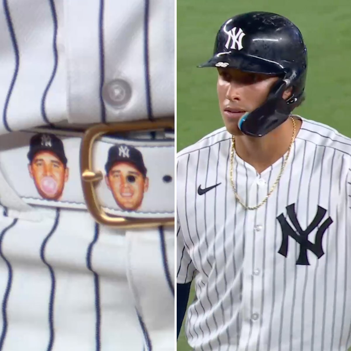 TalkinYanks's tweet photo. George Lombard Jr. is wearing a belt with Spencer Jones' face on it tonight https://t.co/Ncc3p3lZZo