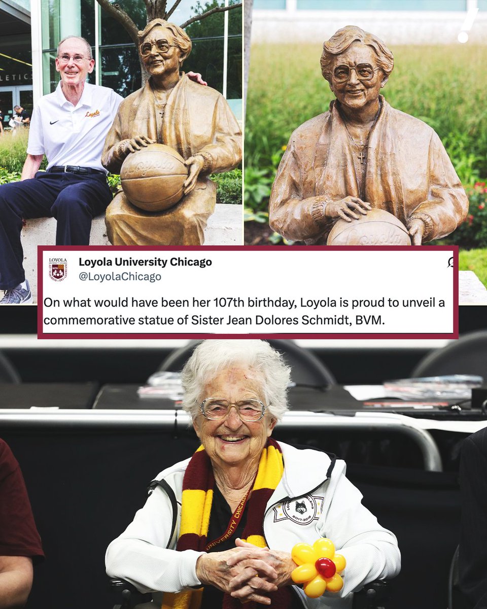 YahooSports's tweet photo. Sister Jean is immortalized on Loyola Chicago's campus forever 🙏 

The school unveiled a statue honoring the late chaplain on what would have been her 107th birthday. https://t.co/kppHZBBx5Z