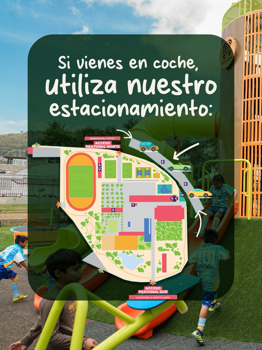 GobOax's tweet photo. ¡Tu aventura en el @parqueprimoax te espera! 🛝

¡​Llegar es facil!
​🚗 En coche: Usa nuestro estacionamiento ingresando por Riberas del Atoyac (Acceso Norte) o Carretera a Monte Albán (Acceso Sur).

Conoce las Rutas del @BinniBus_GobOax que te acercan o te llevan directo a este espacio de diversión y esparcimiento.