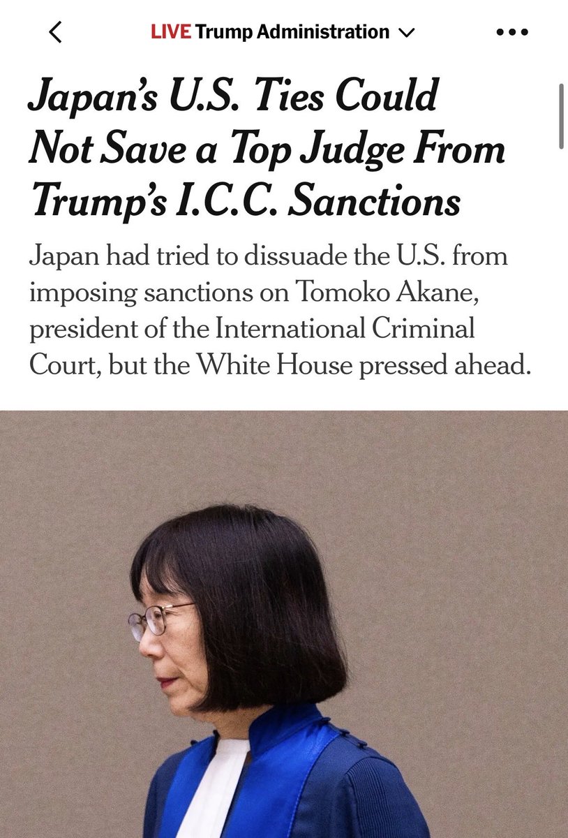 maiko_tajima's tweet photo. 赤根氏らへの制裁と日本政府の煮え切らない対応は、どう世界で報道されているか。

米ニューヨークタイムズは「日本の米国関係が、ICC赤根さんらを救うことを阻んだ」。赤根さんを、自信に満ちた献身的な検察官と評している。

日本にとって「法の支配」は超キーワード。国際社会が注視する中で、放り投げてはダメだろう。https://t.co/fBxCf3SPza