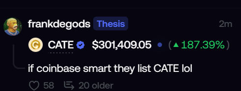 MoEthWhale's tweet photo. The delusional cat(e) @frankdegods continues with his $CATE thesis on @fomo.

@PoorGoat_ wen @coinbase listing? 🐈 https://t.co/Kdh3qf6NEA