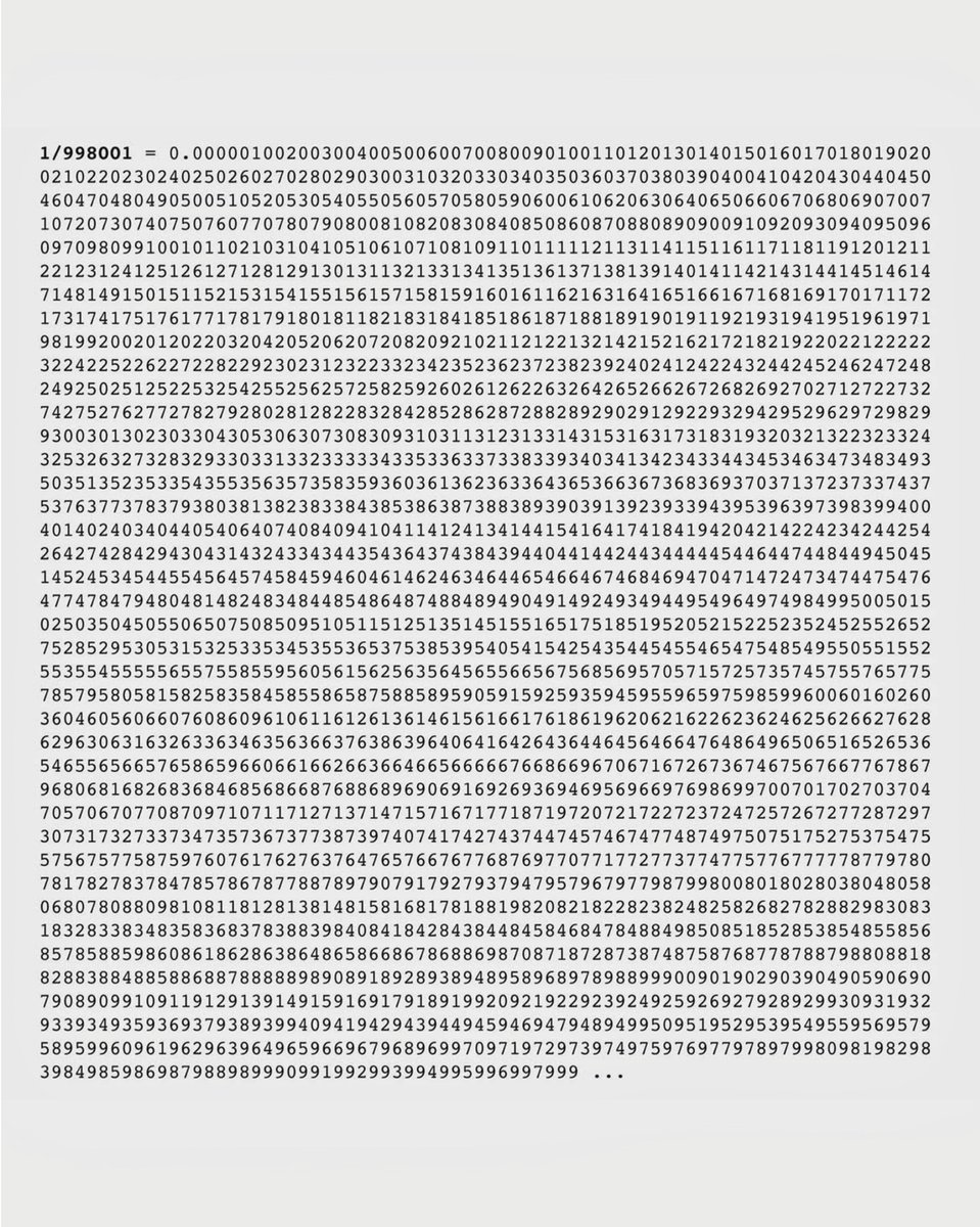 Math_files's tweet photo. IF YOU DIVIDE 1 BY 998,001 YOU GET ALL THREE-DIGIT NUMBERS FROM 000 TO 999 IN ORDER, EXCEPT FOR 998 https://t.co/BximpsLlqv