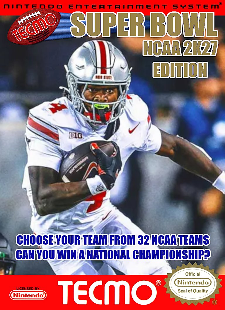 SBluemanTecmo's tweet photo. Next Friday, Tecmo Super Bowl NCAA 2K27 Edition will be released! The game will be available for FREE at https://t.co/zKnlbOmT0E &amp; https://t.co/Q5ImacwdJA.

Choose your team from 32 NCAA Teams. Can you win a National Championship? 

#TecmoSuperBowl #TecmoBowl #NES #Emulation https://t.co/H45Ybn4ESs