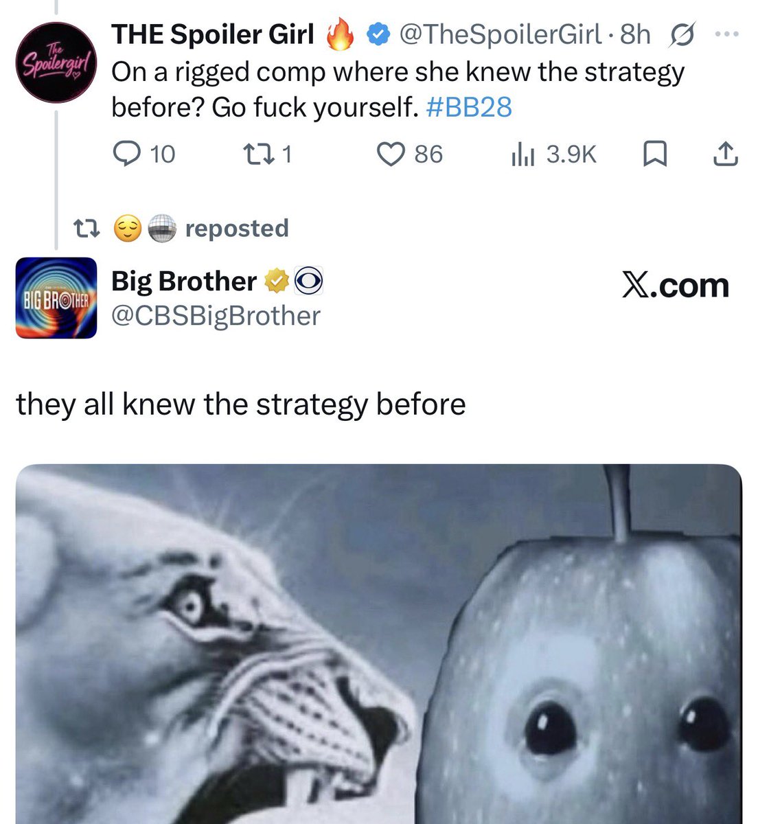 realityysimp's tweet photo. why is nobody talking about the official big brother account acknowledging spoiler girl #BB28 https://t.co/T2T7lC7UG4