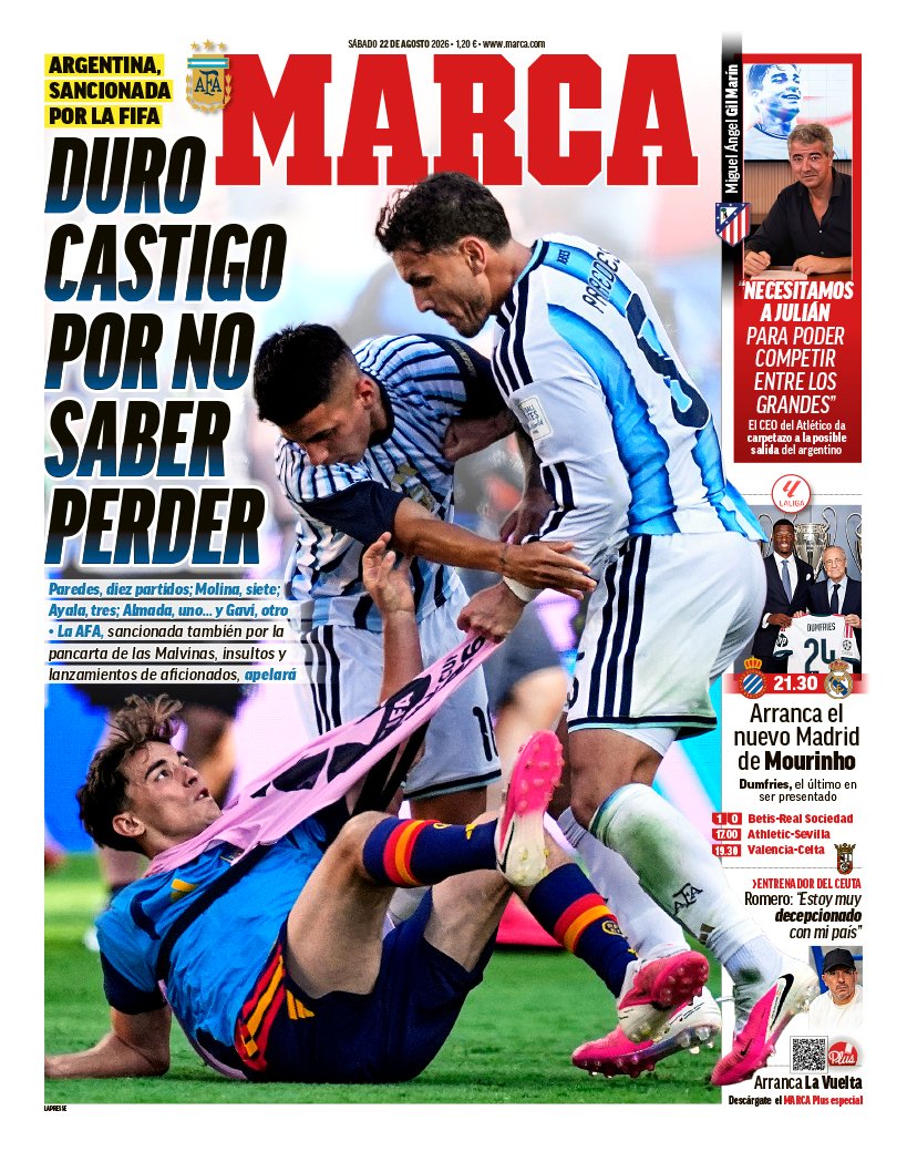 SC_ESPN's tweet photo. "DURO CASTIGO POR NO SABER PERDER"

👀 Atención al FUERTE TÍTULO del Diario Marca de España ante las sanciones para los jugadores de la Selección Argentina tras la final de la Copa del Mundo

📷 @marca https://t.co/LDvkz5RzdN