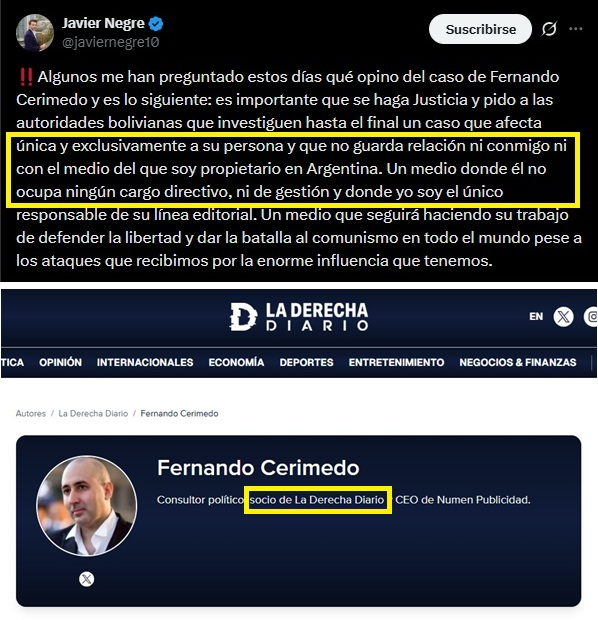 ZuritaCarpio's tweet photo. Cerimedo es socio de La Derecha Diario, pero no tiene nada que ver con el medio: Javier Negre.