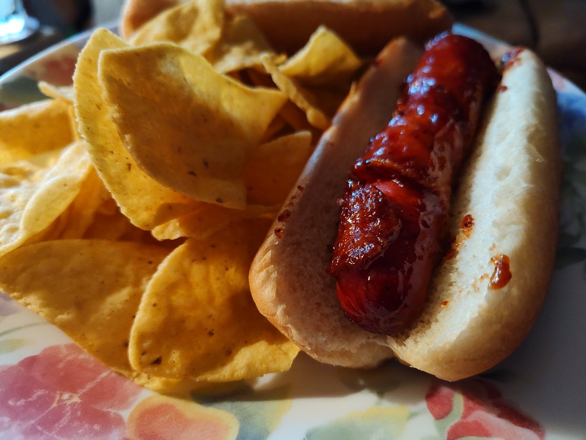 k_guarez's tweet photo. My #DogDaysOfSummer, hot dog dinner. Bacon wrapped hotdog, smothered in Sweet Baby Rays BBQ sauce. #K9Nights #OPLive #OPNation #Reelz @SuzScraps https://t.co/yrGlZLSC60