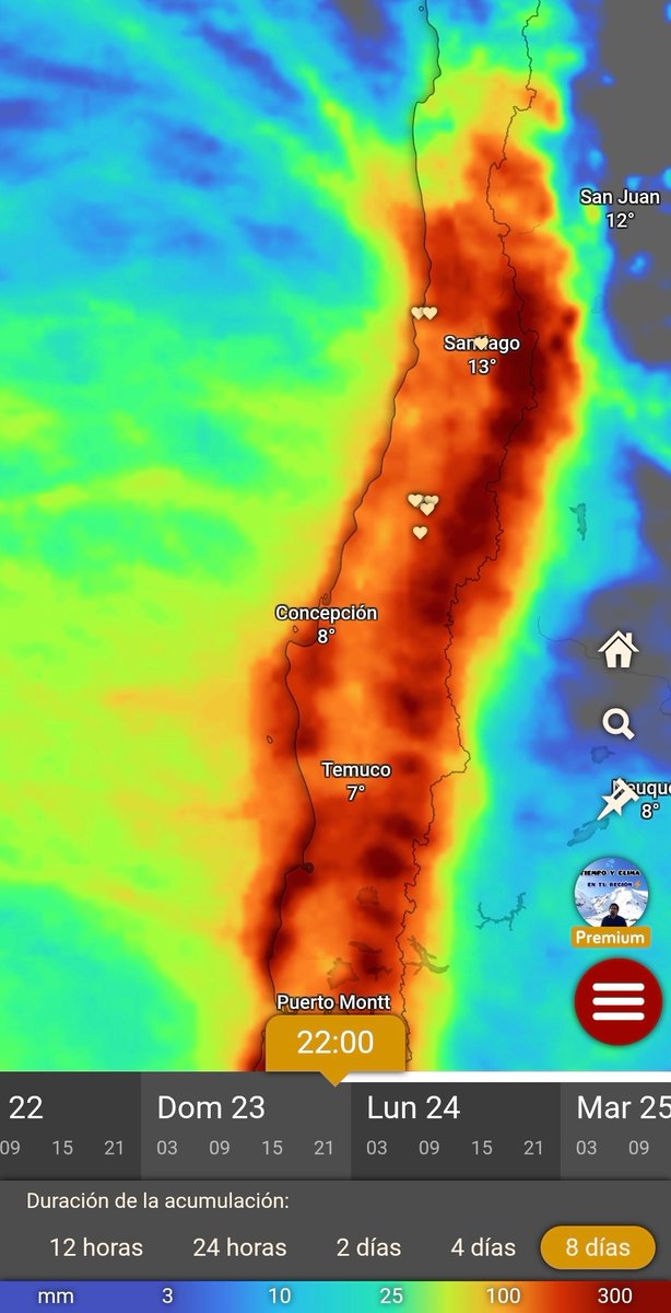 EdoWeatherman's tweet photo. Proyección en seguimiento.  Tren de sistemas frontales en Chile central y sur.

Una serie de al menos tres sistemas frontales afectará diversos sectores de la zona central, sur y parte de la región de Coquimbo durante la última semana de agosto.

El lunes 24 comienza la lluvia desde Biobío a Aysén, alcanzando Ñuble y parte de Maule por la noche. El martes lloverá en la zona central y sur, extendiéndose hasta el miércoles, ese día alcanzaría parte de Coquimbo (Illapel al sur).

El jueves la lluvia se mantendrá desde Biobío al sur, alcanzando hasta Illapel el viernes.
La lluvia se mantendría hasta el lunes 31 de agosto desde la región de Coquimbo a Los Lagos, con intensidad variable. No descarto chubascos en parte sur de Atacama. 

Otro evento podría ingresar los primeros días de septiembre.

Estimados iniciales, según modelo europeo, para este tren de sistemas frontales. (Hasta 31 de agosto). Esto se estará actualizando. 

Region de Coquimbo. 30-60 mm, pero cuidado porque de Illapel al sur pueden superarse los 80-100 mm. El modelo europeo va más allá y en ese tramo proyecta sobre 150 mm. 

Region de Valparaíso. Gran parte de la región acumularía más de 100 mm en la semana, incluso algunos sectores superarían los 150-180 mm.

Región Metropolitana. Toda la región acumularía más de 100 mm, con sectores que superarían los 150-180 mm.

Región de O'Higgins. Gran parte de la región superaría los 100 mm, con sectores que se escaparían a más de 150 mm.

Región del Maule. Toda la región dobre 100 mm, con sectores que pueden superar los 150-180 mm.

Región de Ñuble. Sobre 100 mm, con sectores que pueden superar los 150 mm.

Región del Biobío. Sobre 120-150 mm. Ojo que algunos sectores pueden acumular más de 200 mm.

Región de La Araucanía. Sobre 100-130 mm.

Región de Los Ríos. Sobre 200-250 mm. Algunos sectores incluso superarían los 300 mm.

Región de Los Lagos. Sobre 100-150 mm.

Región de Aysén. Sobre 20-50 mm.

Todos estos estimados son preliminares y se basan en el modelo europeo, además consideran el total hasta el 31 de agosto. Los rangos consideran la diferencia entre sectores costetoros e interiores. Estos montos se actualizarán mañana.
Podrían disminuir si el modelo europeo se alinea con el GFS.

La isoterma se moverá entre 2000-2500 msnm en promedio en la zona central, disminuyendo el fin de semana.

El viento será fuerte en la zona sur con ráfagas sobre 60-80 km/hr y moderado en la zona central con rachas sobre 40-60 km/hr.

Probables tormentas eléctricas, especialmente el fin de semana en la zona central. 

Mañana actualización.