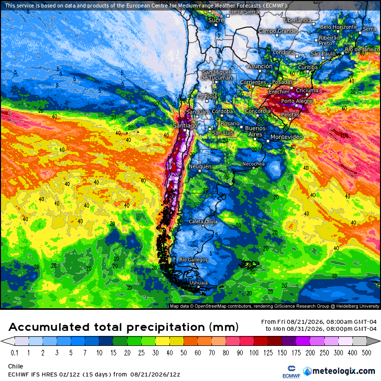 EdoWeatherman's tweet photo. Proyección en seguimiento.  Tren de sistemas frontales en Chile central y sur.

Una serie de al menos tres sistemas frontales afectará diversos sectores de la zona central, sur y parte de la región de Coquimbo durante la última semana de agosto.

El lunes 24 comienza la lluvia desde Biobío a Aysén, alcanzando Ñuble y parte de Maule por la noche. El martes lloverá en la zona central y sur, extendiéndose hasta el miércoles, ese día alcanzaría parte de Coquimbo (Illapel al sur).

El jueves la lluvia se mantendrá desde Biobío al sur, alcanzando hasta Illapel el viernes.
La lluvia se mantendría hasta el lunes 31 de agosto desde la región de Coquimbo a Los Lagos, con intensidad variable. No descarto chubascos en parte sur de Atacama. 

Otro evento podría ingresar los primeros días de septiembre.

Estimados iniciales, según modelo europeo, para este tren de sistemas frontales. (Hasta 31 de agosto). Esto se estará actualizando. 

Region de Coquimbo. 30-60 mm, pero cuidado porque de Illapel al sur pueden superarse los 80-100 mm. El modelo europeo va más allá y en ese tramo proyecta sobre 150 mm. 

Region de Valparaíso. Gran parte de la región acumularía más de 100 mm en la semana, incluso algunos sectores superarían los 150-180 mm.

Región Metropolitana. Toda la región acumularía más de 100 mm, con sectores que superarían los 150-180 mm.

Región de O'Higgins. Gran parte de la región superaría los 100 mm, con sectores que se escaparían a más de 150 mm.

Región del Maule. Toda la región dobre 100 mm, con sectores que pueden superar los 150-180 mm.

Región de Ñuble. Sobre 100 mm, con sectores que pueden superar los 150 mm.

Región del Biobío. Sobre 120-150 mm. Ojo que algunos sectores pueden acumular más de 200 mm.

Región de La Araucanía. Sobre 100-130 mm.

Región de Los Ríos. Sobre 200-250 mm. Algunos sectores incluso superarían los 300 mm.

Región de Los Lagos. Sobre 100-150 mm.

Región de Aysén. Sobre 20-50 mm.

Todos estos estimados son preliminares y se basan en el modelo europeo, además consideran el total hasta el 31 de agosto. Los rangos consideran la diferencia entre sectores costetoros e interiores. Estos montos se actualizarán mañana.
Podrían disminuir si el modelo europeo se alinea con el GFS.

La isoterma se moverá entre 2000-2500 msnm en promedio en la zona central, disminuyendo el fin de semana.

El viento será fuerte en la zona sur con ráfagas sobre 60-80 km/hr y moderado en la zona central con rachas sobre 40-60 km/hr.

Probables tormentas eléctricas, especialmente el fin de semana en la zona central. 

Mañana actualización.