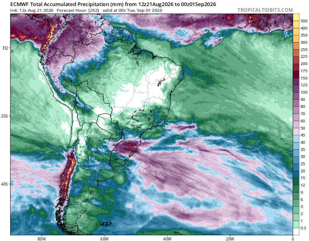 EdoWeatherman's tweet photo. Proyección en seguimiento.  Tren de sistemas frontales en Chile central y sur.

Una serie de al menos tres sistemas frontales afectará diversos sectores de la zona central, sur y parte de la región de Coquimbo durante la última semana de agosto.

El lunes 24 comienza la lluvia desde Biobío a Aysén, alcanzando Ñuble y parte de Maule por la noche. El martes lloverá en la zona central y sur, extendiéndose hasta el miércoles, ese día alcanzaría parte de Coquimbo (Illapel al sur).

El jueves la lluvia se mantendrá desde Biobío al sur, alcanzando hasta Illapel el viernes.
La lluvia se mantendría hasta el lunes 31 de agosto desde la región de Coquimbo a Los Lagos, con intensidad variable. No descarto chubascos en parte sur de Atacama. 

Otro evento podría ingresar los primeros días de septiembre.

Estimados iniciales, según modelo europeo, para este tren de sistemas frontales. (Hasta 31 de agosto). Esto se estará actualizando. 

Region de Coquimbo. 30-60 mm, pero cuidado porque de Illapel al sur pueden superarse los 80-100 mm. El modelo europeo va más allá y en ese tramo proyecta sobre 150 mm. 

Region de Valparaíso. Gran parte de la región acumularía más de 100 mm en la semana, incluso algunos sectores superarían los 150-180 mm.

Región Metropolitana. Toda la región acumularía más de 100 mm, con sectores que superarían los 150-180 mm.

Región de O'Higgins. Gran parte de la región superaría los 100 mm, con sectores que se escaparían a más de 150 mm.

Región del Maule. Toda la región dobre 100 mm, con sectores que pueden superar los 150-180 mm.

Región de Ñuble. Sobre 100 mm, con sectores que pueden superar los 150 mm.

Región del Biobío. Sobre 120-150 mm. Ojo que algunos sectores pueden acumular más de 200 mm.

Región de La Araucanía. Sobre 100-130 mm.

Región de Los Ríos. Sobre 200-250 mm. Algunos sectores incluso superarían los 300 mm.

Región de Los Lagos. Sobre 100-150 mm.

Región de Aysén. Sobre 20-50 mm.

Todos estos estimados son preliminares y se basan en el modelo europeo, además consideran el total hasta el 31 de agosto. Los rangos consideran la diferencia entre sectores costetoros e interiores. Estos montos se actualizarán mañana.
Podrían disminuir si el modelo europeo se alinea con el GFS.

La isoterma se moverá entre 2000-2500 msnm en promedio en la zona central, disminuyendo el fin de semana.

El viento será fuerte en la zona sur con ráfagas sobre 60-80 km/hr y moderado en la zona central con rachas sobre 40-60 km/hr.

Probables tormentas eléctricas, especialmente el fin de semana en la zona central. 

Mañana actualización.