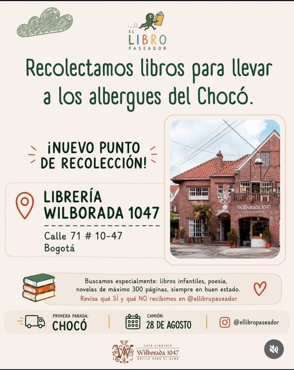 ArmyndreA's tweet photo. DONACIÓN DE LIBROS (PARA ALBERGUES/BIBLIOTECAS, en principalmente los lugares afectados o que lo necesiten también)

Es una iniciativa de El Libro Paseador

- Principalmente reciben libros para infancia, poesía y novelas, de no más de 300 páginas y en excelente estado.

Tienen varios puntos de recolección en Bogotá y van a llevar esta iniciativa a varios lugares, empezando por el Chocó el cual su camión saldrá el día 28 de Agosto.

A mí personalmente me parece una iniciativa muy bonita porque creo que la lectura puede ser un barco de estancia dentro de todo.

Cuenta oficial de la iniciativa:
🔗https://t.co/WAIPEVTjAJ