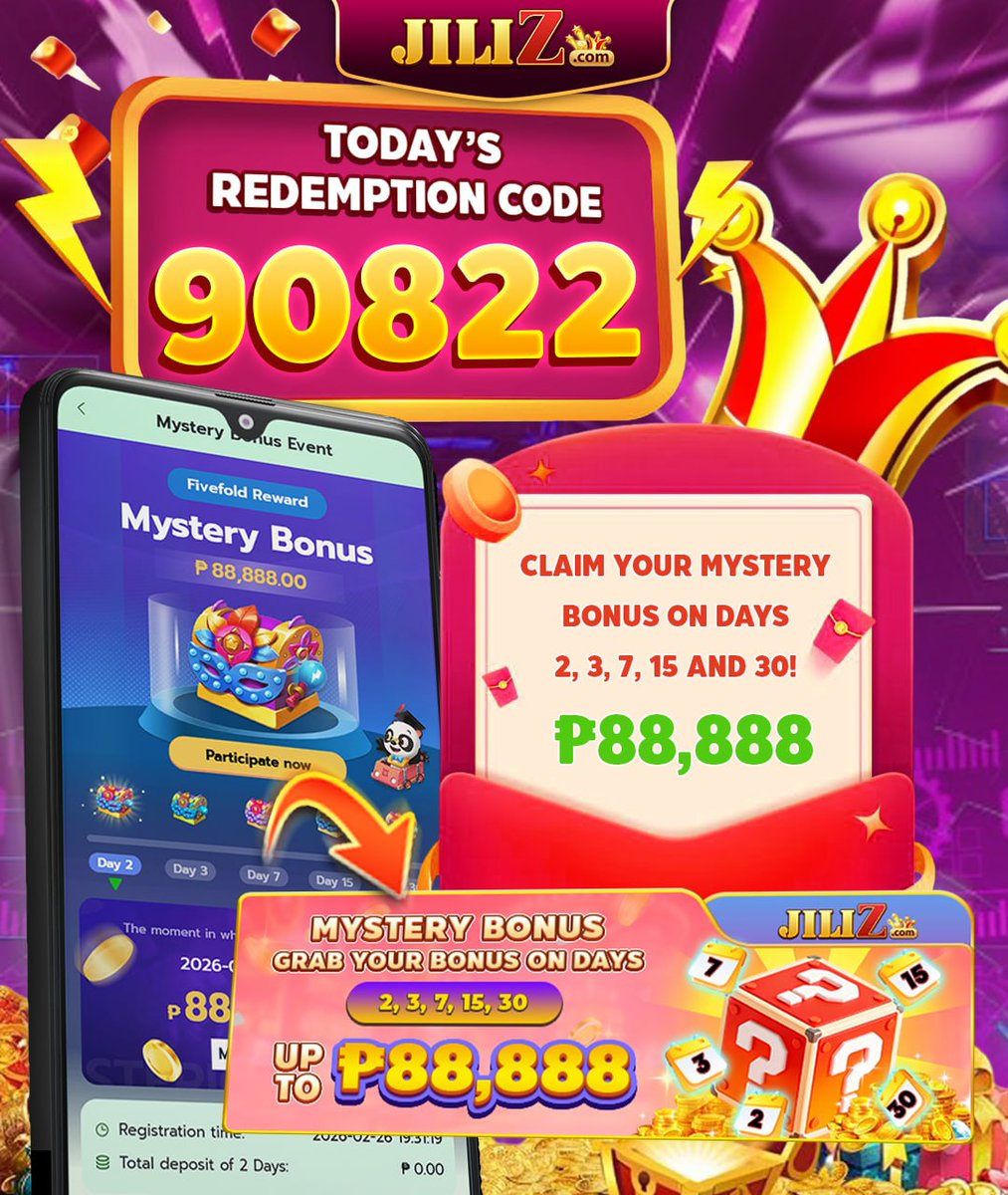 Jilizcom's tweet photo. https://t.co/VrBU2snNDH

🤡 JILIZ EXCITING MYSTERY REWARDS EVENT IS HERE! ✨✨

🔩 yesterday’s Code: 90821
🔩Today’s Code: 90822
🔩 Tomorrow’s Code: 90823

💟 Unlock exciting Mystery Bonus rewards and get a chance to receive ₱88.888   in bonus prizes! https://t.co/7R095raRd6