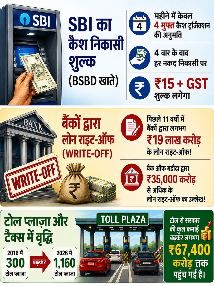 KKWORLD99's tweet photo. आम आदमी की बचत पर बढ़ता बोझ

SBI के BSBD खाते में महीने के 4 cash transactions के बाद ₹15 + GST प्रति withdrawal शुल्क लगता है।

दूसरी तरफ, बैंकों के loan write-off के आंकड़े लाखों करोड़ में हैं।

ऊपर से toll, tax, cess और banking charges का बोझ लगातार बढ़ रहा है।

सवाल सीधा है आम आदमी की बचत पर इतना दबाव क्यों?

जनता को हर शुल्क और हर बड़े आंकड़े का हिसाब मिलना चाहिए।