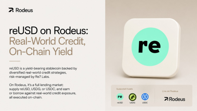 Rodeus_labs's tweet photo. reUSD on Rodeus: Real-World Credit, On-Chain Yield

reUSD is a yield-bearing stablecoin backed by diversified real-world credit strategies, risk-managed by Re7 Labs. On Rodeus, it's a full lending market: supply reUSD, USDG, or USDC, and earn or borrow against real-world credit exposure, all executed on-chain.

Current market data: 
· $10.8M collateral tracked 
· $7.5M debt tracked 
· 25 active positions 
· USDG supply APY: 3.11% | borrow APY: 3.96% 
· USDC supply APY: 2.56% | borrow APY: 3.67%

Every number above is live, pulled directly from chain, not cached or estimated.
Explore the reUSD market: https://t.co/cpFXB4454H