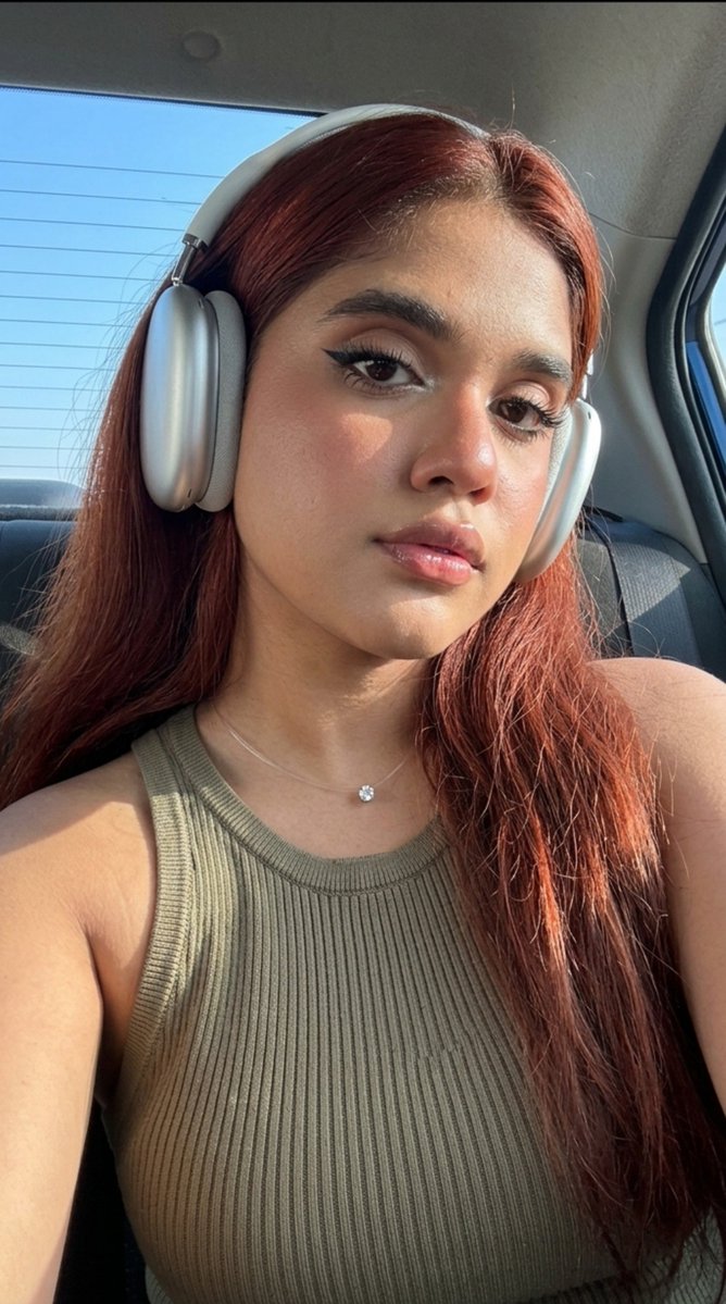 oye_samia's tweet photo. Off-duty aesthetic. 🎧 

Prompt: Without changing the appearance of the girl in the photo, do not change the color of her eyes. Selfie on the front camera, super close-up. The angle from below (low angle). The girl has thick long hair that falls over her shoulders and back. Glowing skin. Makeup: neatly designed dark eyebrows with lamination effect, extended eyelashes in a "fox" effect, highlighter in the corners of the eyes, long black arrows, glossy lips. He wears large silver headphones on his head. She's wearing a khaki tank top. There is a thin transparent fishing line with a small diamond around her neck. Calm facial expressions, head slightly tilted to the side, confident seductive gaze down into the camera. She's sitting in the back seat of the car by the window. The blue sky is visible through the rear and left side windows of the car. The girl is slightly lowered down on the seat, because of this, her face is in shadow. Lighting: bright natural light falling from the side, from the back, beautiful clear shadows on the shoulder, light highlights in the hair. promsmy. Photorealism, high detail. The photo was taken on an iPhone 17 Pro camera, live frame effect. Light digital noise, grain, soft sharpness, very high quality.