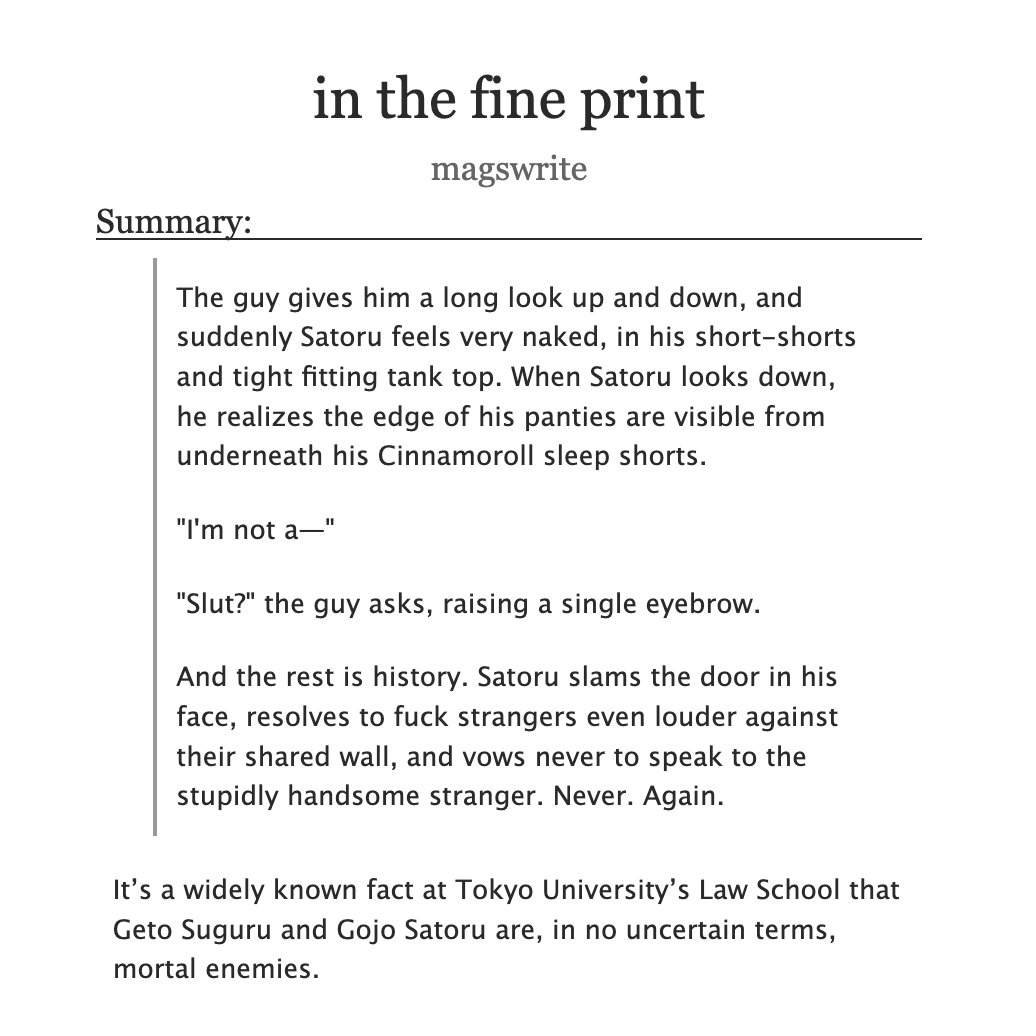 mochimags's tweet photo. in the fine print

33k | #gego #夏五 

📗 — law school au, rivals to lovers, trans gojo satoru

🔗 — https://t.co/Ldm85oLd6u https://t.co/lLAOkCI5hx