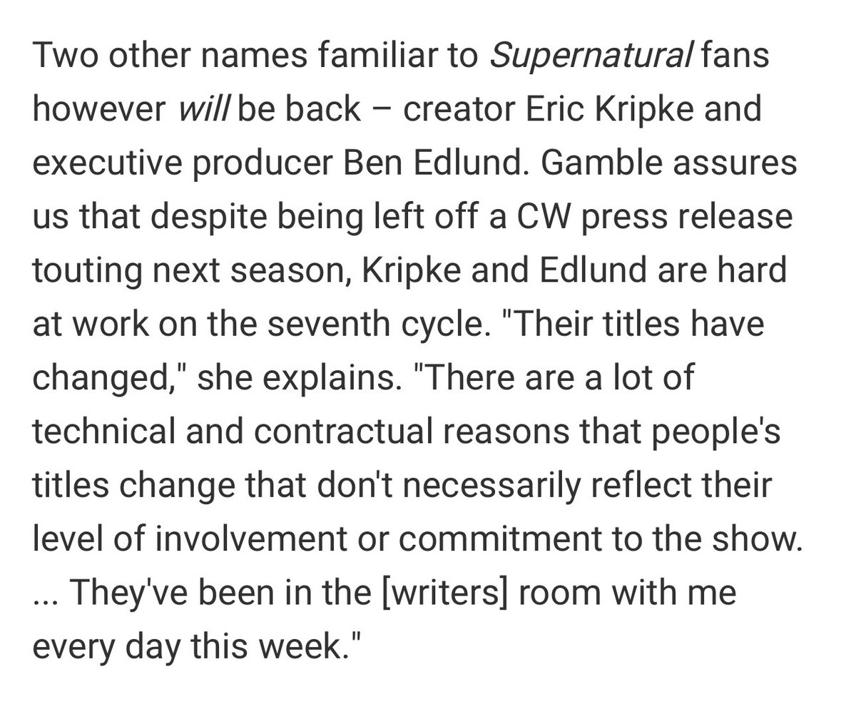aggeleineyes's tweet photo. also if you're going to hate gamble for s6 &amp; s7 you should 1) actually read what she said about the reasoning for her decisions and 2) remember that both edlund and kripke are credited as "hard at work on the seventh cycle" and as members of the writer's room https://t.co/5zkiCgESgd