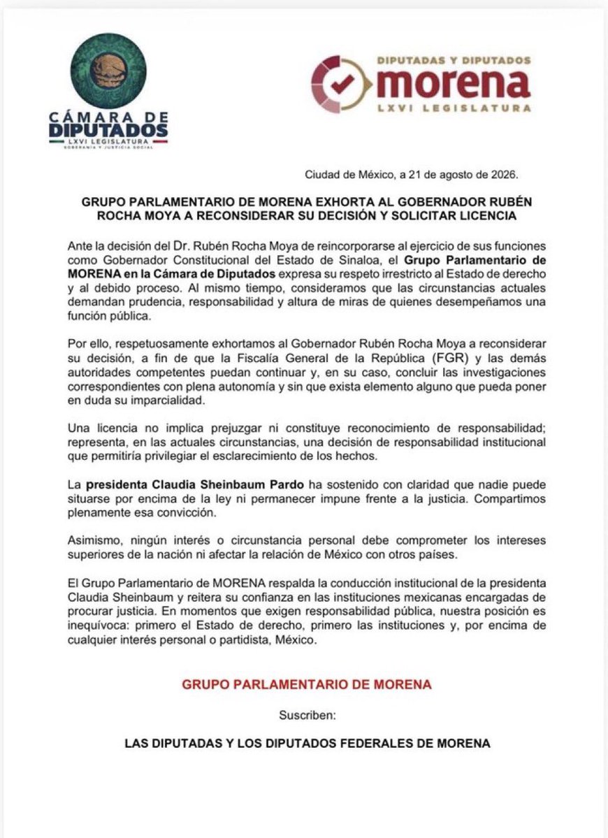 LuisCardenasMx's tweet photo. 🙏Diputados de Morena piden a Rocha Moya volver a dejar la gubernatura

El cerco político se cierra sobre Rubén Rocha Moya. Ahora, el Grupo Parlamentario de Morena en la Cámara de Diputados lo exhortó a reconsiderar su regreso al gobierno de Sinaloa y solicitar nuevamente licencia.

Los legisladores sostuvieron que su separación permitiría que la FGR continúe las investigaciones con autonomía y sin elementos que puedan poner en duda su imparcialidad.

Aclararon que una licencia no implica declararlo responsable, sino asumir una decisión de “responsabilidad institucional” mientras se esclarecen los señalamientos.

Los diputados también cerraron filas con Claudia Sheinbaum y advirtieron que ningún interés personal debe comprometer a México ni su relación con otros países.