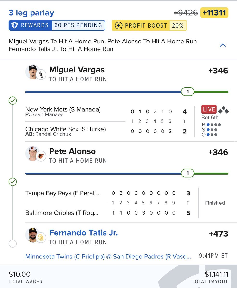 NeoBallers5vme's tweet photo. 🔥 3-LEG HR PARLAY 🔥

Vargas ✅
Alonso ✅
Tatis Jr. ⏳

$10 → $1,141.11 💰
+11311 ODDS 🚨

Two legs already CASHED… now we need TATIS TO SEND ONE OUT! 💣⚾️

LET’S FINISH THIS! 🔒🔥 https://t.co/AEBvCpXGZv
