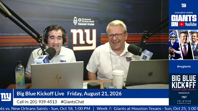 LanceMedow's tweet photo. Friday's BBKL is on @Giants.com, @YouTube, the mobile app + podcast platforms as @MarcMalusis &amp; I recap the joint practice, preview the 2nd preseason game vs the #Dolphins &amp; more #giantschat #NYGvsMIA  

📺Watch: https://t.co/HCjiil7o24
📻Listen: https://t.co/3p7lvSClci https://t.co/EAYUl77Csf