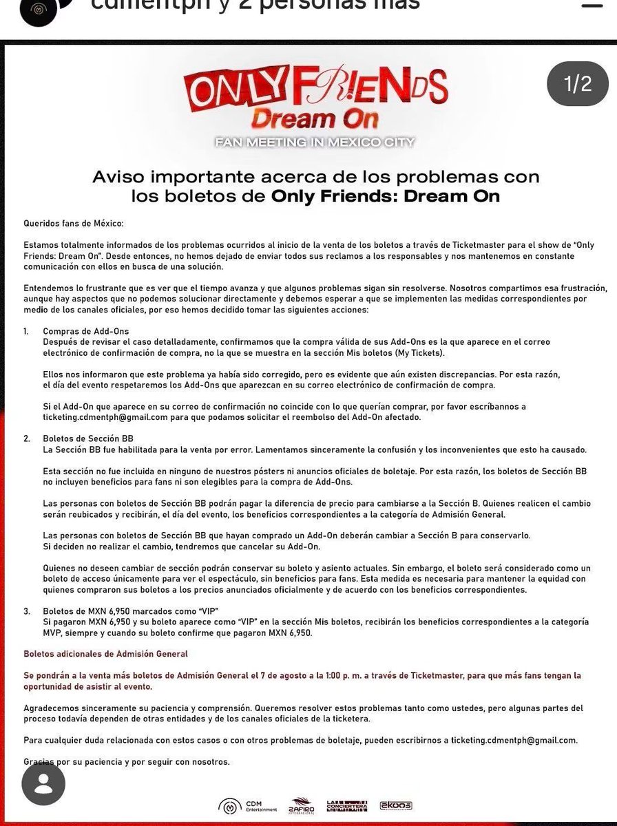 brigthsta's tweet photo. @Profeco @AtencionProfeco 
Por medio del presente, hago de conocimiento la comisión de hechos que vulneran los Arts. 1, 7, 32 y 42 de la LFPC por parte de @Ticketmaster_Me, Zafiro Internacional y CDM Entertainment en el evento #Onlyfriendsdreamonmexicocity 
1.Vendieron la Sección BB a precio similar B, anunciando después qué esos no tiene benéficios y lo habilitaron por error, incitando a pagar un extra para B.
2.Cobraron $1,800 por "Photos 2:1", pero en la app lo cambiaron a "Fansign" (con precio igual de 1800) para no dar la fotografía individual pagada.
3.Confirmaron que las compras de "Photo" eran válidas mostrando el correo electrónico qué diga que viene como foto. Hoy se echan la culpa mutuamente entre boletera y promotora, negando todo, y que ya no se hará valido así sino como viene en la app, que sino te hacen reembolso bajo la excusa de "venta definitiva", dejando al comprador en total indefensión
4. La empresa de #Zafiro al recibir mensajes o comentarios en su página en lugar de responder como profesionales nos bloqueaban o contestaban de una manera super arrogante o burlona.
Muchas incidencias en tanto las compras de boleto y beneficios en preventa como hasta ahora.
Pedimos que se nos haga respetar, ya estamos cansados de este trato
Y que se obligue a los proveedores a respetar íntegramente las fotos pagadas conforme al correo de confirmación.
En su defecto, reembolso total + 20% de bonificación por ley.
¡Basta de abusos! ❌🎟️ 
Adjunto evidencia de algunos usuarios.
#OnlyFriendsDreamOn #OFDO #Profeco