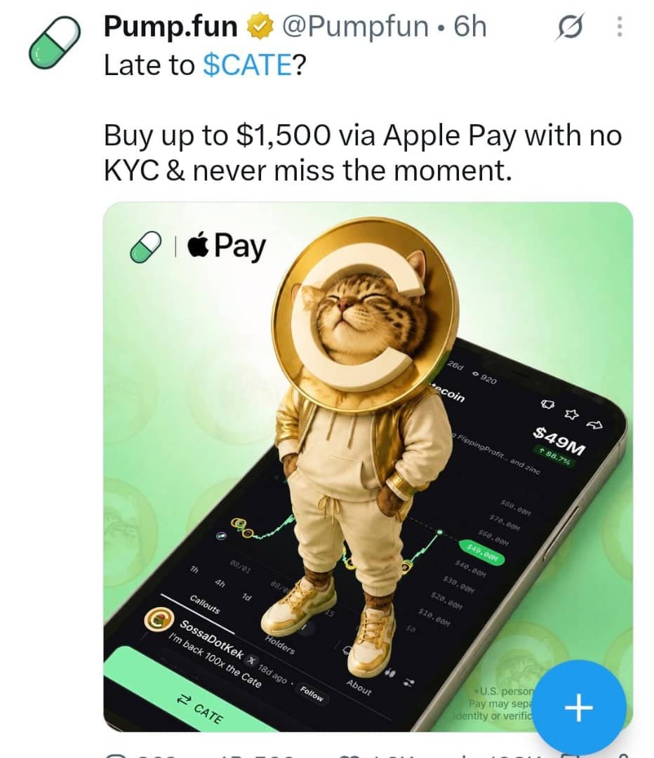 YourDoctorSabi's tweet photo. https://t.co/9xJplMD4Em is literally shilling $CATE.

Let that sink in. 🐈‍⬛

This isn't some random KOL with 2K followers. https://t.co/9xJplMD4Em is putting $CATE directly in front of the exact audience constantly hunting for the next big meme.

And the post isn't subtle either:

“Late to $CATE?”

Then they showcase buying $CATE through Apple Pay.

That's distribution. That's accessibility. That's attention.

I've been saying the next phase of $CATE is about getting it in front of more people, and this is exactly how that starts.

Remember when I told Dopaminefeen about the suspected exchange-listing thesis after noticing some serious big-wallet accumulation?

I wasn't claiming confirmation.

I was pointing at the signals.

Big wallets positioning.

Growing narrative.

Increasing attention.

And now https://t.co/9xJplMD4Em putting $CATE front and center.

The pieces are starting to connect.

If T1s eventually come knocking, don't be surprised.

Because exchanges want the next wave of normies onboarding too.

And right now, the cat is getting distribution. 😹

$CATE isn't just being traded anymore.

It's being discovered. 🐈🔥
@PoorGoat_ 
@DopamineFeenFr 
@MoEthWhale 
@frankdegods