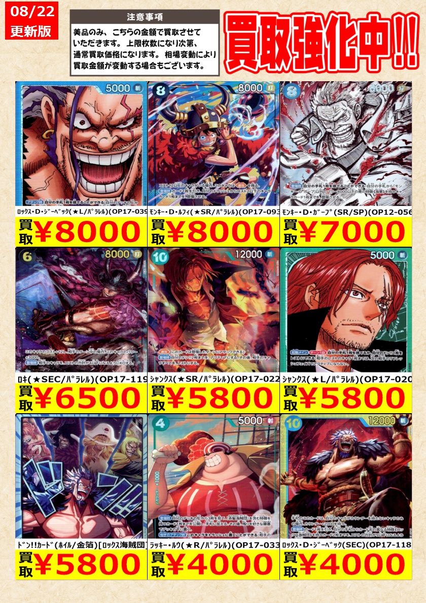 zerosuzukaTCG's tweet photo. 【#ワンピースカードゲーム】#世界最強の戦士 高価買取中！
新弾は価格の変動が激しいため、11時00分時点の参考価格としてお考えください。
他状態、在庫状況によって変動する場合がございます。

ｼｬﾝｸｽ（★SR/ｽｰﾊﾟｰﾊﾟﾗﾚﾙ）（OP17-022） ￥300,000

#零式書店鈴鹿店 https://t.co/JG5x2fmHPS