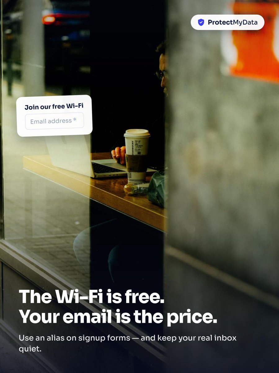 protectmydata_'s tweet photo. Nothing that asks for your email is free. It's a lead-gen form with Wi-Fi attached, and that address gets appended to a profile you already have.

Use an alias on signup forms and keep your real inbox quiet.

#Privacy #InfoSec #DataBrokers https://t.co/KFwN6uRkgs