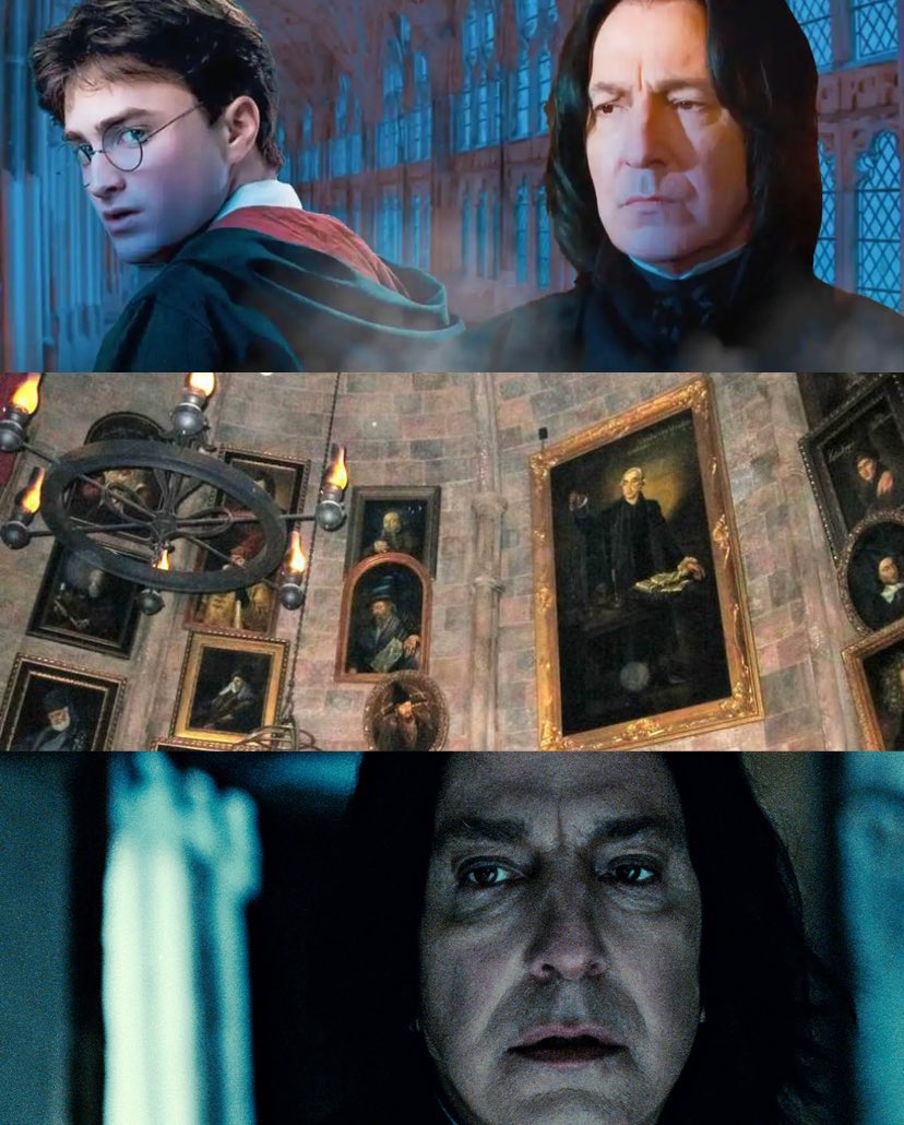 CentralHogwarts's tweet photo. Depois da guerra, Harry Potter foi uma das pessoas que mais se empenhou para restaurar a reputação de Severo Snape. Ao ver suas memórias na Penseira, Harry descobriu que Snape havia passado anos atuando como agente duplo, protegendo-o em segredo e ajudando Alvo Dumbledore na luta contra Voldemort. A partir dessa revelação, Harry fez questão de contar ao mundo bruxo a verdade sobre a lealdade de Snape e ajudou a mudar completamente a forma como ele seria lembrado. Graças a isso, Snape teve seu retrato colocado na sala dos diretores de Hogwarts, ao lado dos demais diretores da escola. Mais do que uma simples homenagem, esse reconhecimento simbolizou o momento em que Severo Snape deixou de ser visto como um traidor e passou a ser lembrado como um dos maiores defensores de Hogwarts.